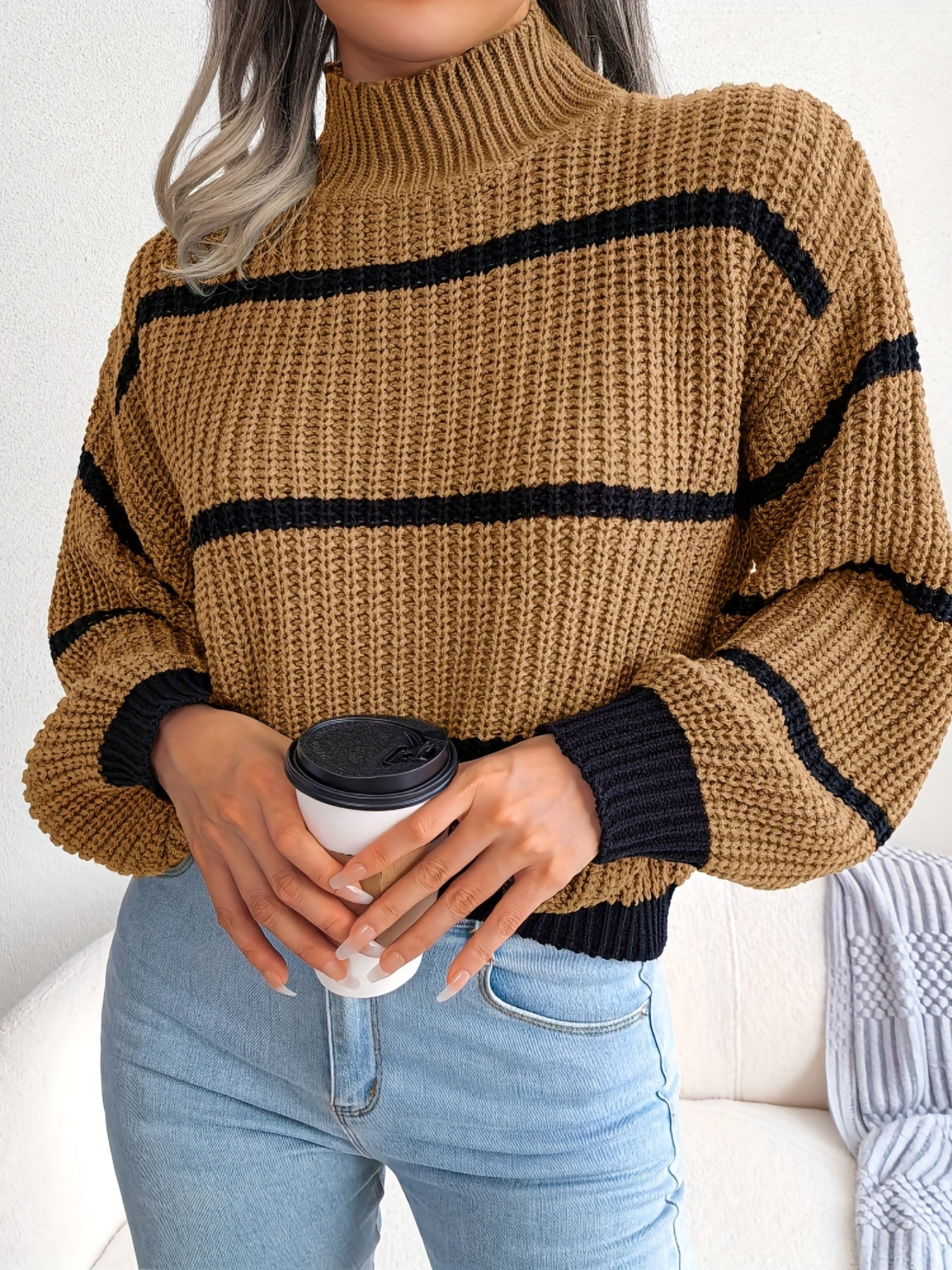 Antmvs Striped Color Block Crew Neck Sweater, Casual Long Sleeve Loose Fall Winter Knit Sweater, Women's Clothing