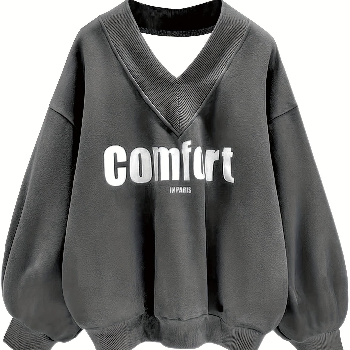 Antmvs Letter Graphic Print Sweatshirt, Long Sleeve V Neck Pullover Sweatshirt, Casual Tops For Fall & Winter, Women's Clothing