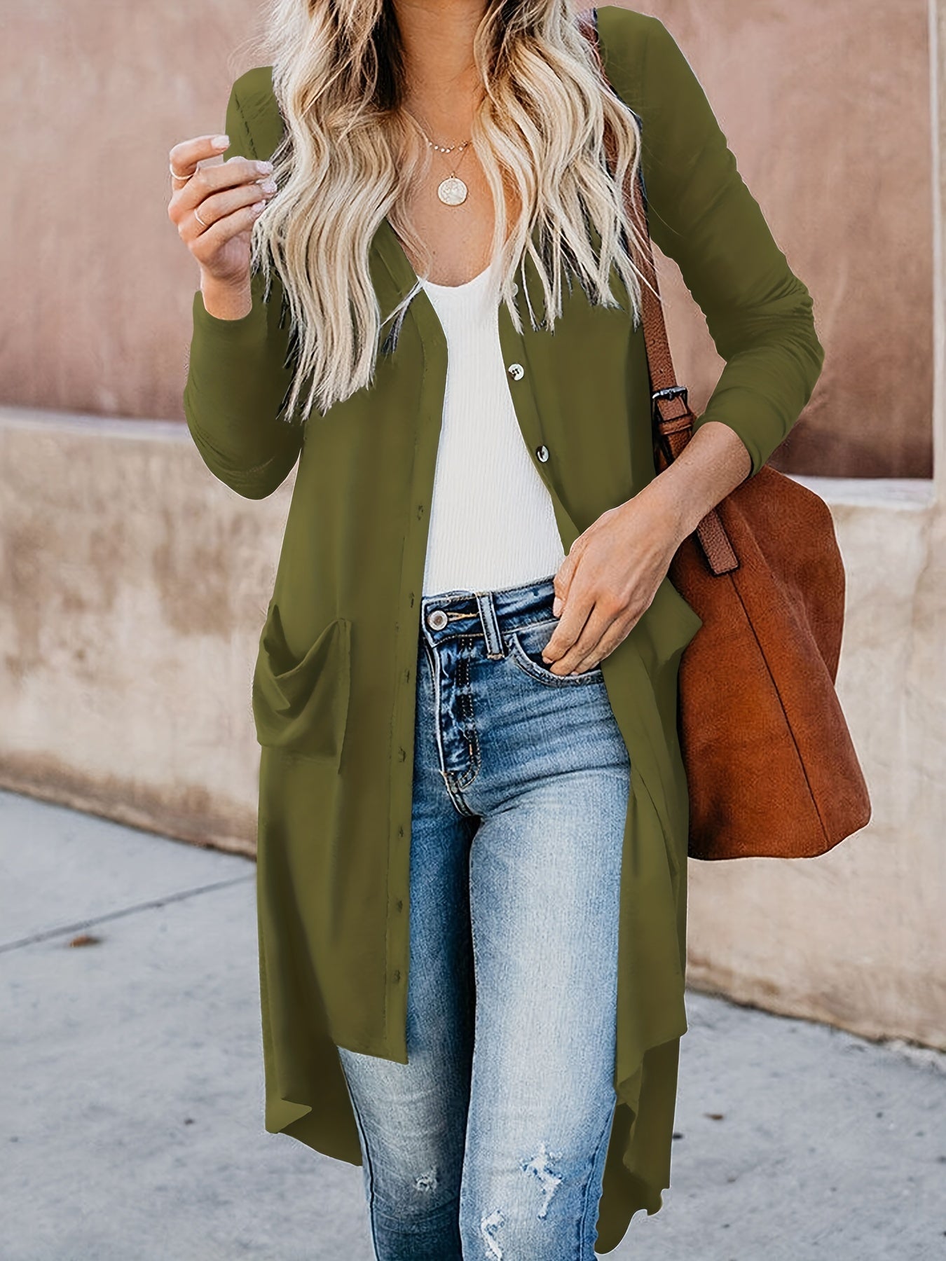 Antmvs Plus Size Casual Coat, Women's Plus Solid Long Sleeve Button Up V Neck High Low Hem Pocketed Sweater Cardigan