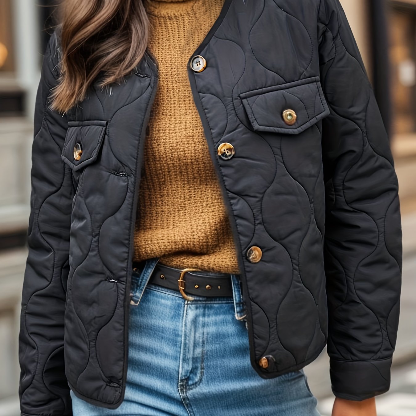 Antmvs Button Up Quilted Solid Coat, Casual Long Sleeve Coat For Fall & Winter, Women's Clothing