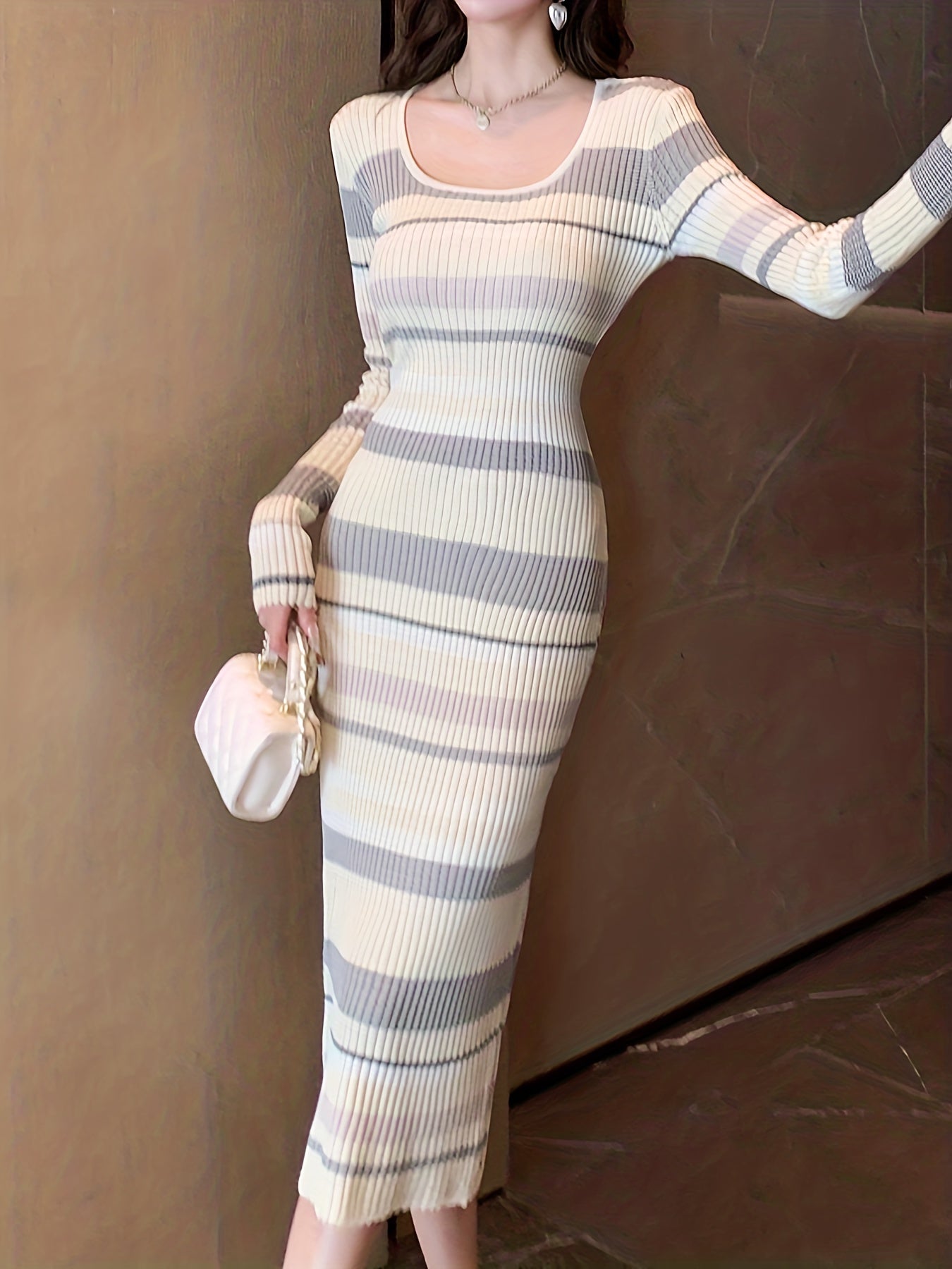 Antmvs Striped Bodycon Midi Dress, Elegant Scoop Neck Long Sleeve Dress, Women's Clothing