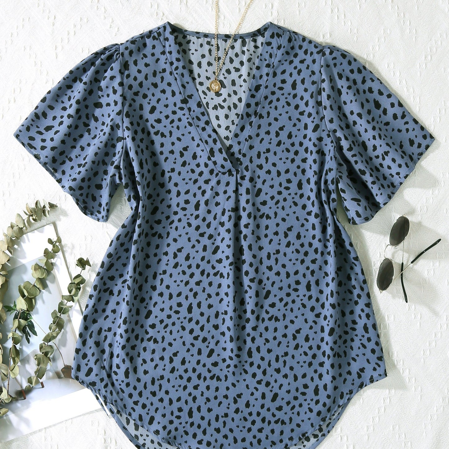 Antmvs Dalmatian Print V Neck Blouse, Elegant Short Sleeve Blouse For Spring & Summer, Women's Clothing