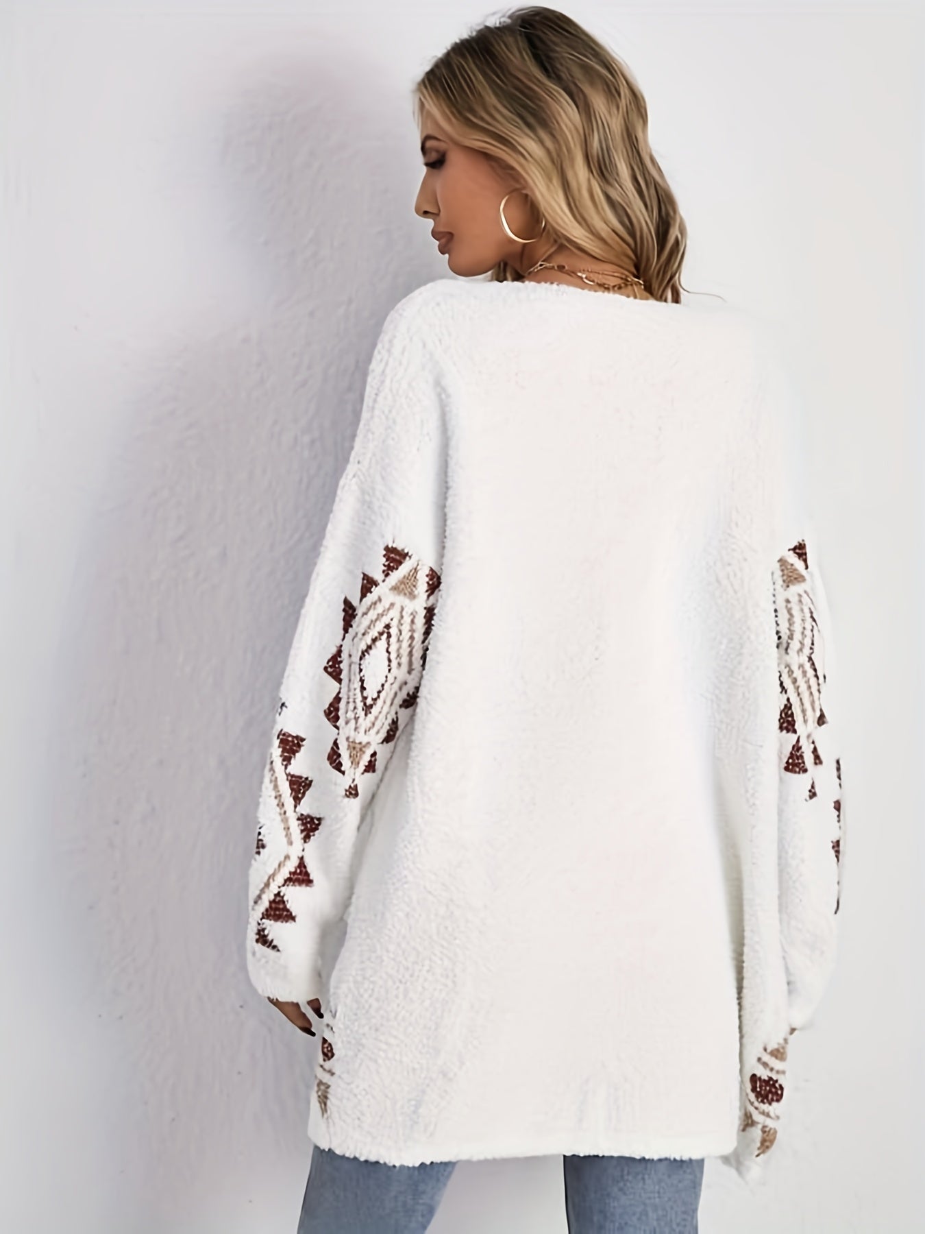 Antmvs Geometric Pattern Open Front Cardigan, Casual Long Sleeve Mid Length Cardigan, Women's Clothing