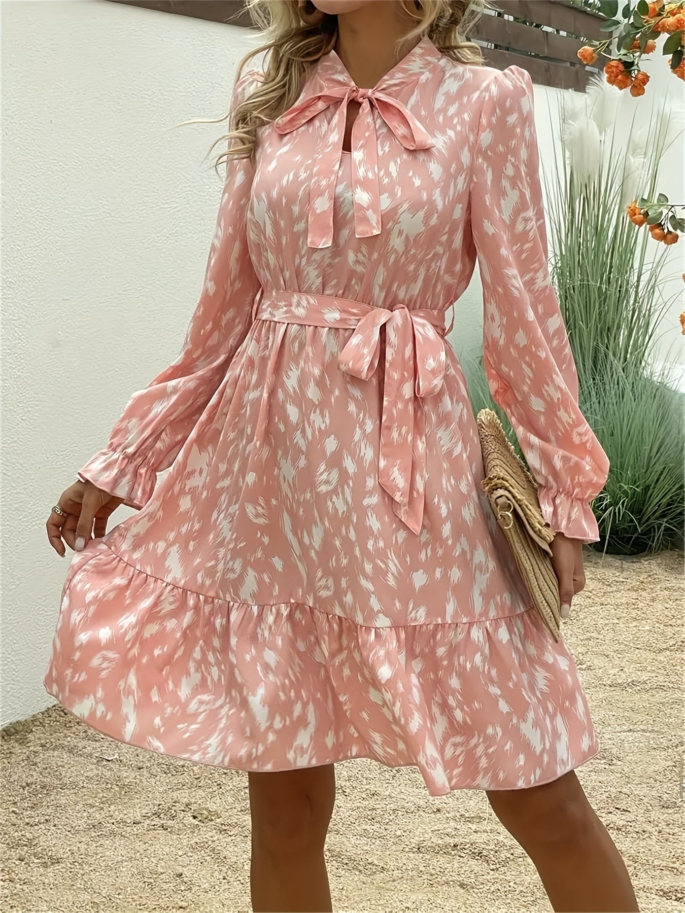 Antmvs Allover Print Tie Neck Dress, Boho Long Sleeve Ruffle Trim Dress, Women's Clothing