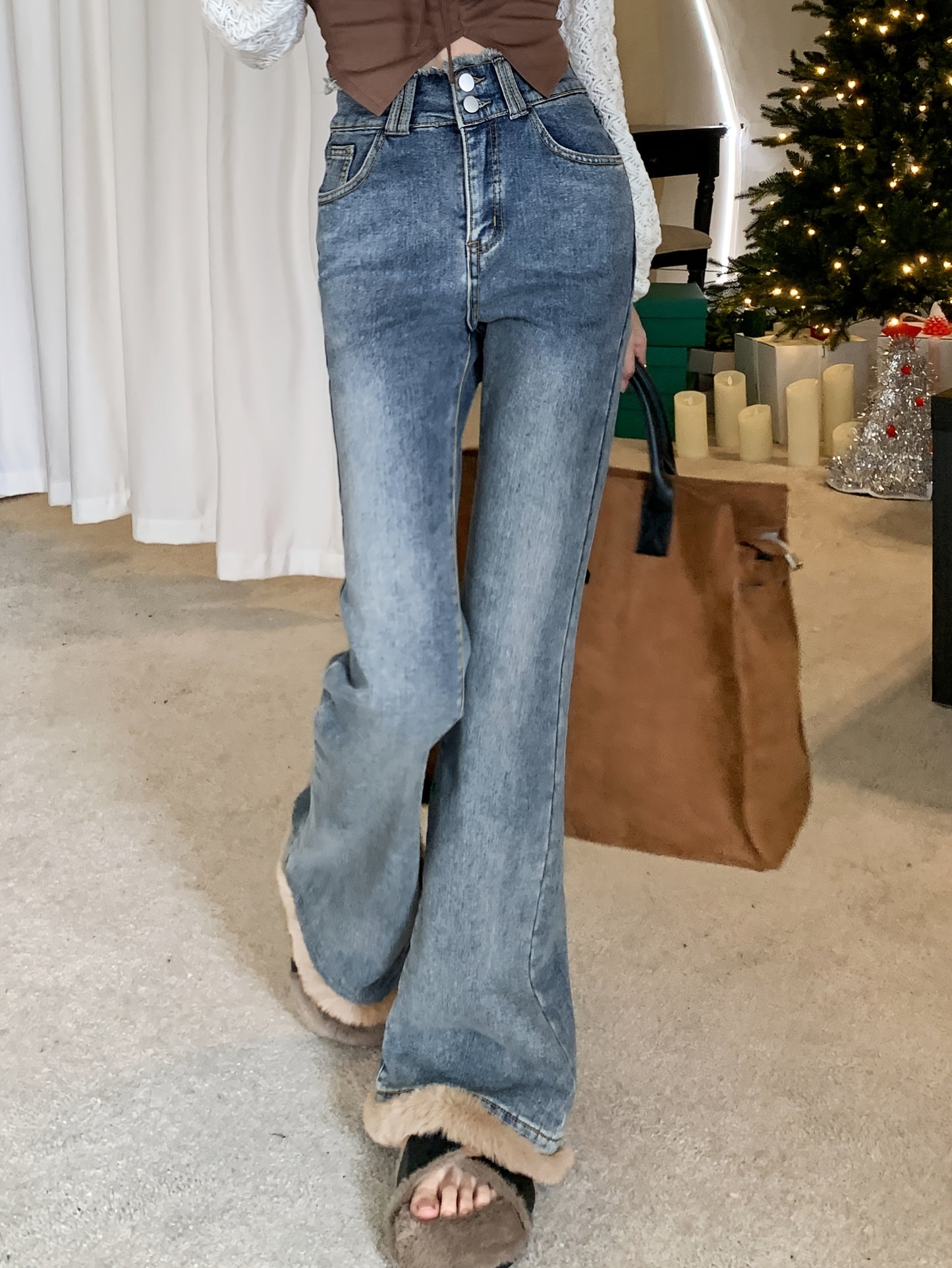 Antmvs High Waist Niche Bootcut Jeans, Plush Stitching Double Button Slant Pockets Denim Pants, Women's Denim Jeans & Clothing