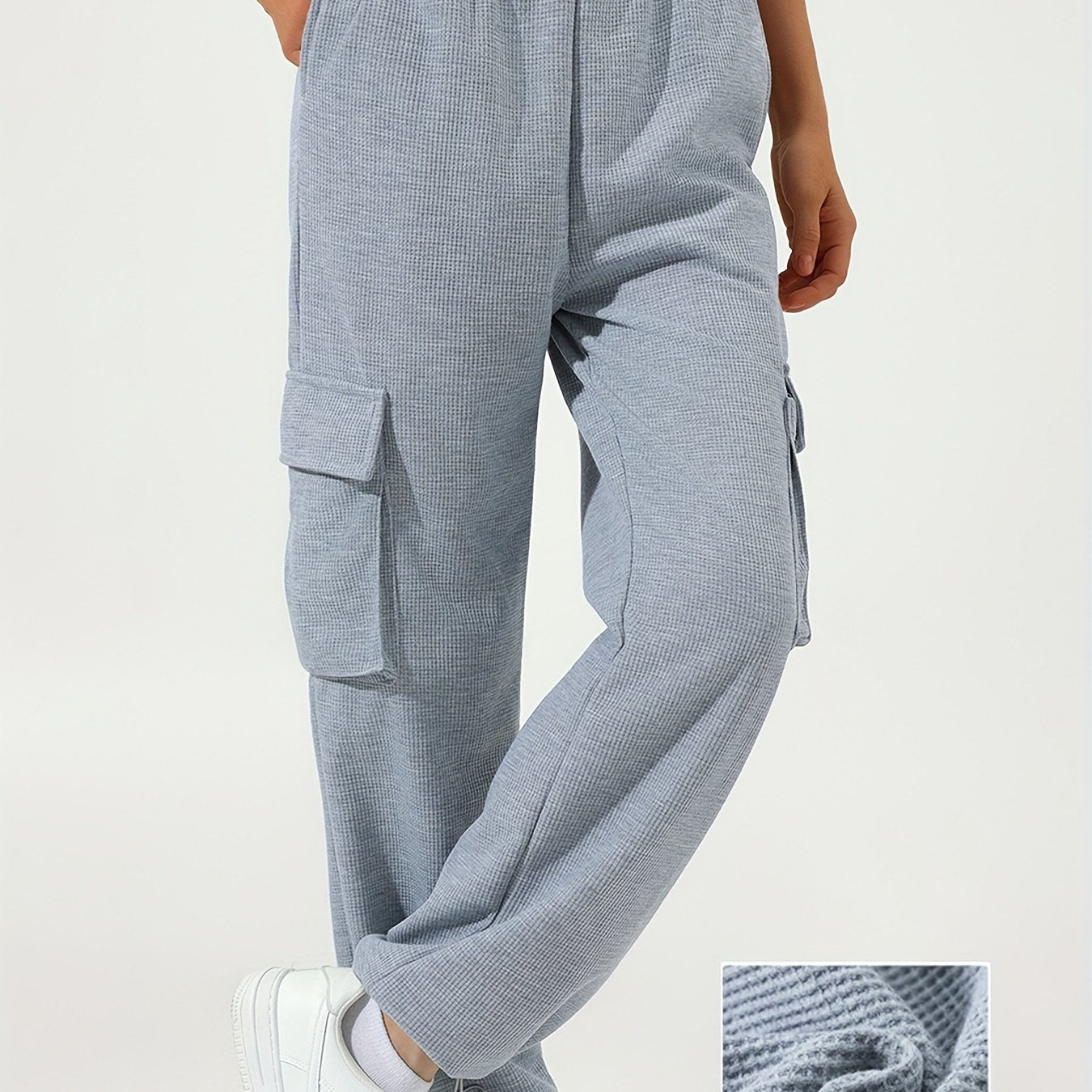 Antmvs Waffle Casual Sports Elastic Waist Sweatpants, Multi-pocket High Waist Solid Color Joggers Pants, Women's Athleisure