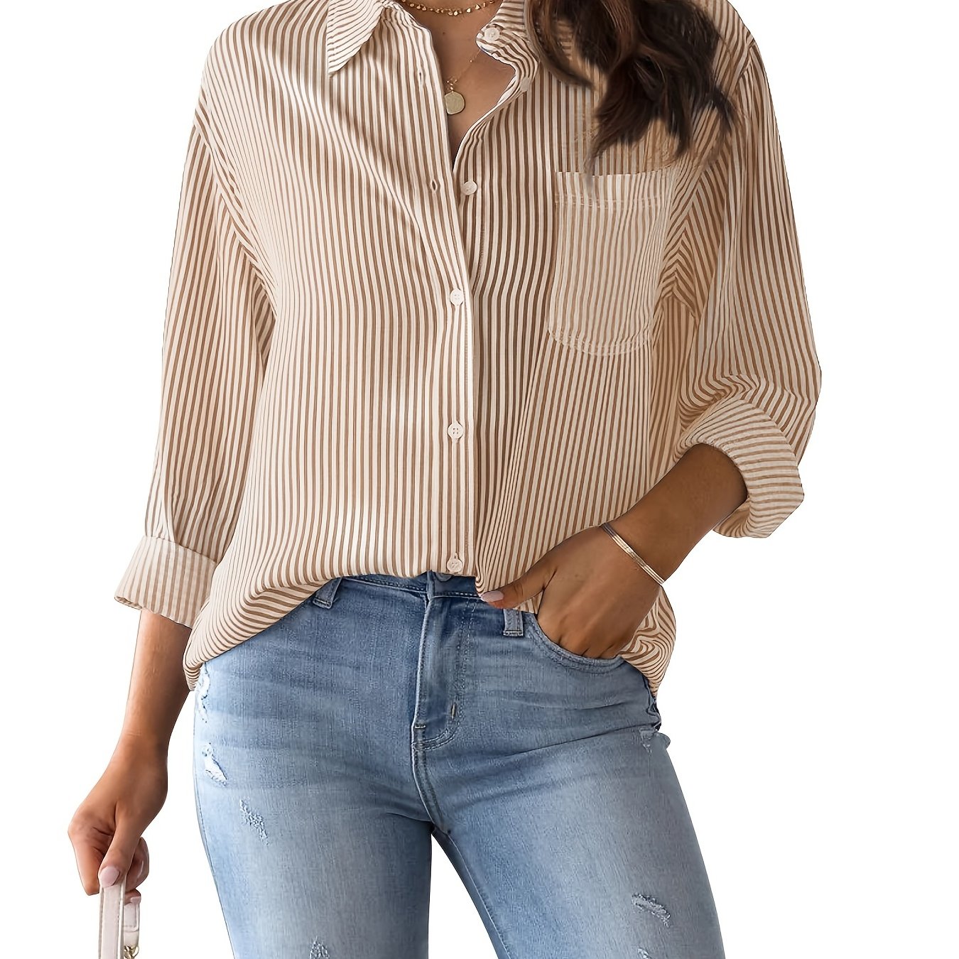 Antmvs Women's Loose Striped Blouse, Crew Neck Long Sleeve Blouse, Casual Every Day Blouse, Women's Clothing