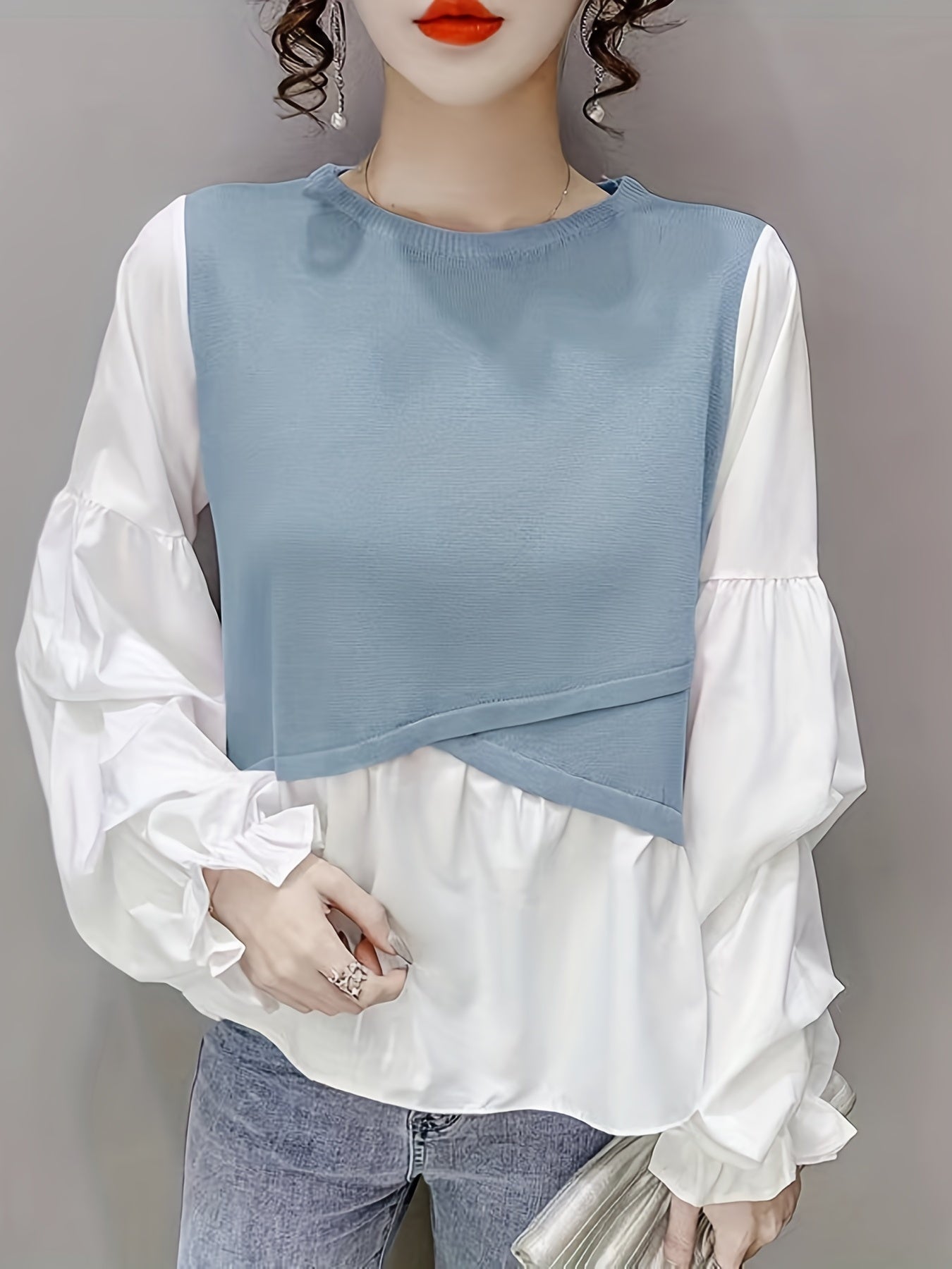 Antmvs Stitching Puff Sleeve Knitted Top, Elegant Crew Neck Long Sleeve Top, Women's Clothing