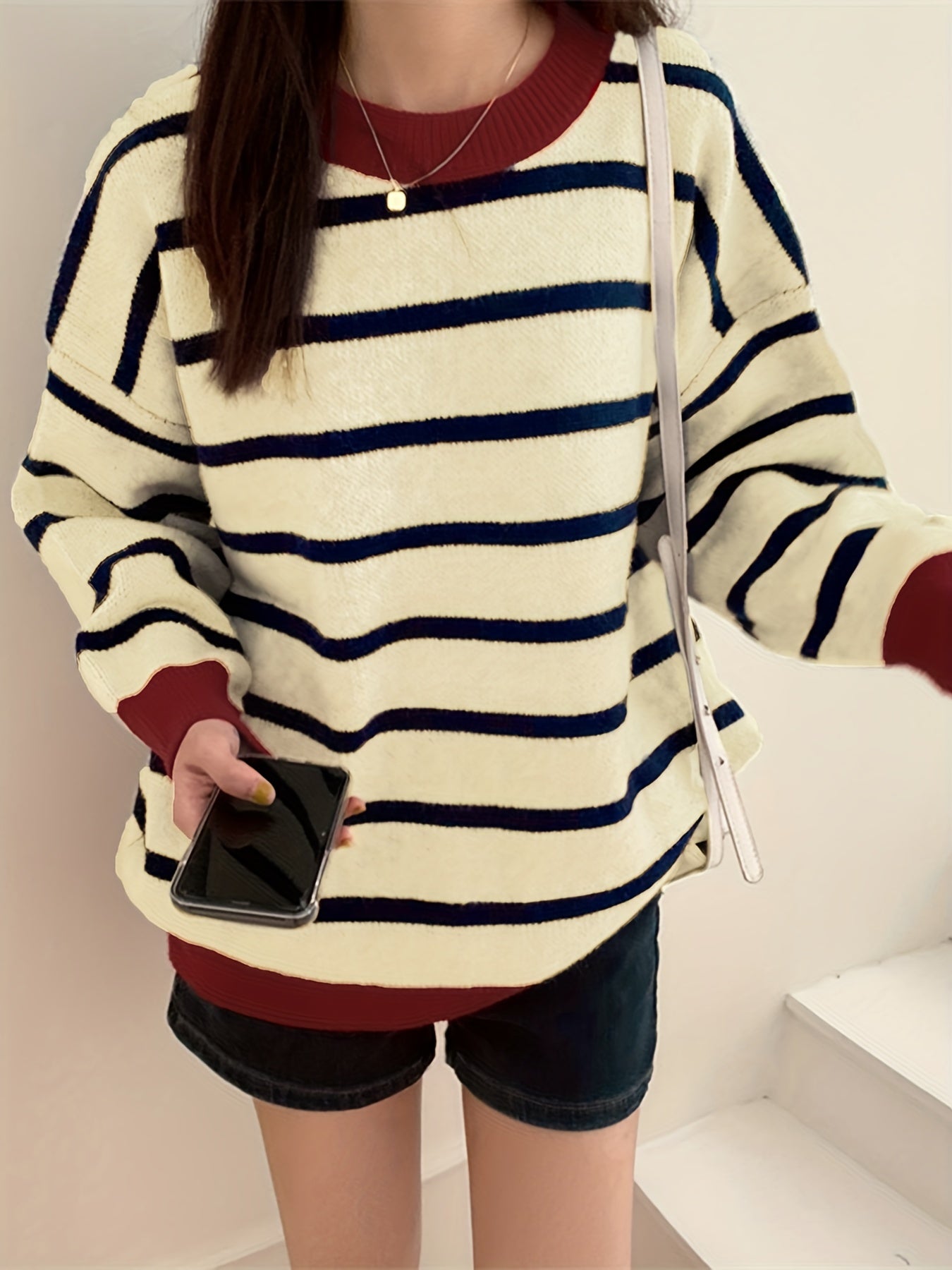 Antmvs Color Block Striped Pullover Sweater, Casual Long Sleeve Crew Neck Sweater For Fall & Winter, Women's Clothing