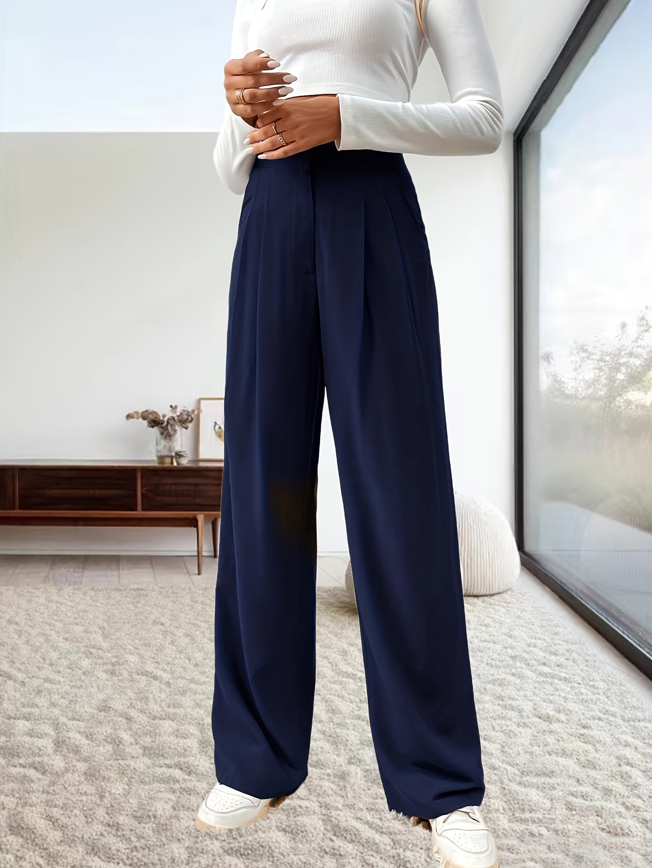 Antmvs Solid Ruched Pants, Casual High Waist Wide Leg Daily Work Pants, Women's Clothing