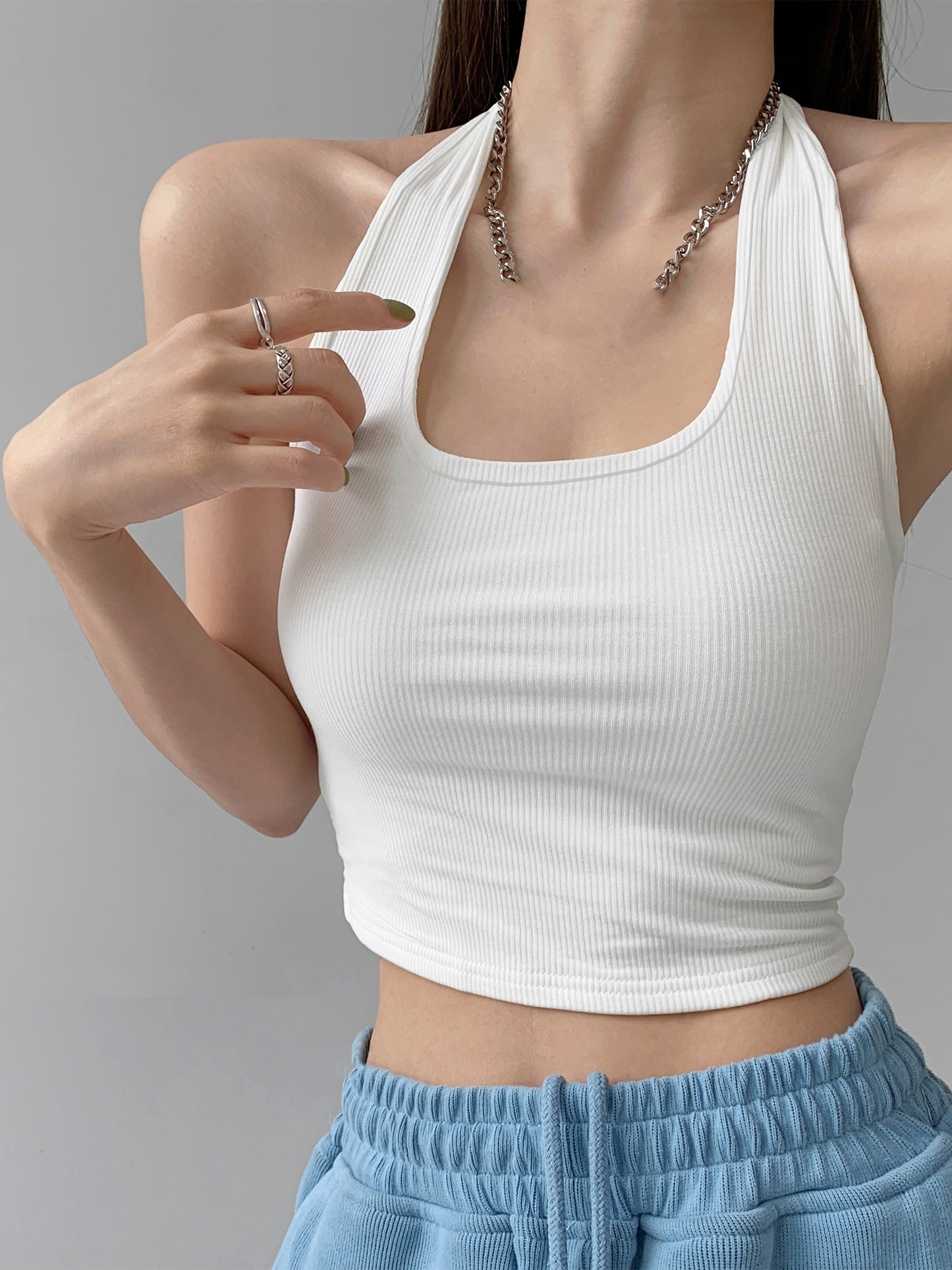 Antmvs Halter Neck Crop Sweater Vest, Sexy Backless Casual Sweater For Spring & Summer, Women's Clothing