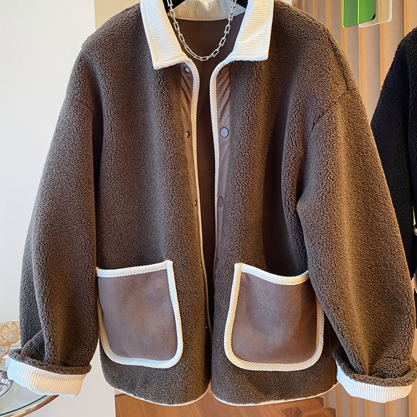 Antmvs Contrast Trim Patched Pockets Outwear, Versatile Long Sleeve Button Front Coat For Fall & Winter, Women's Clothing