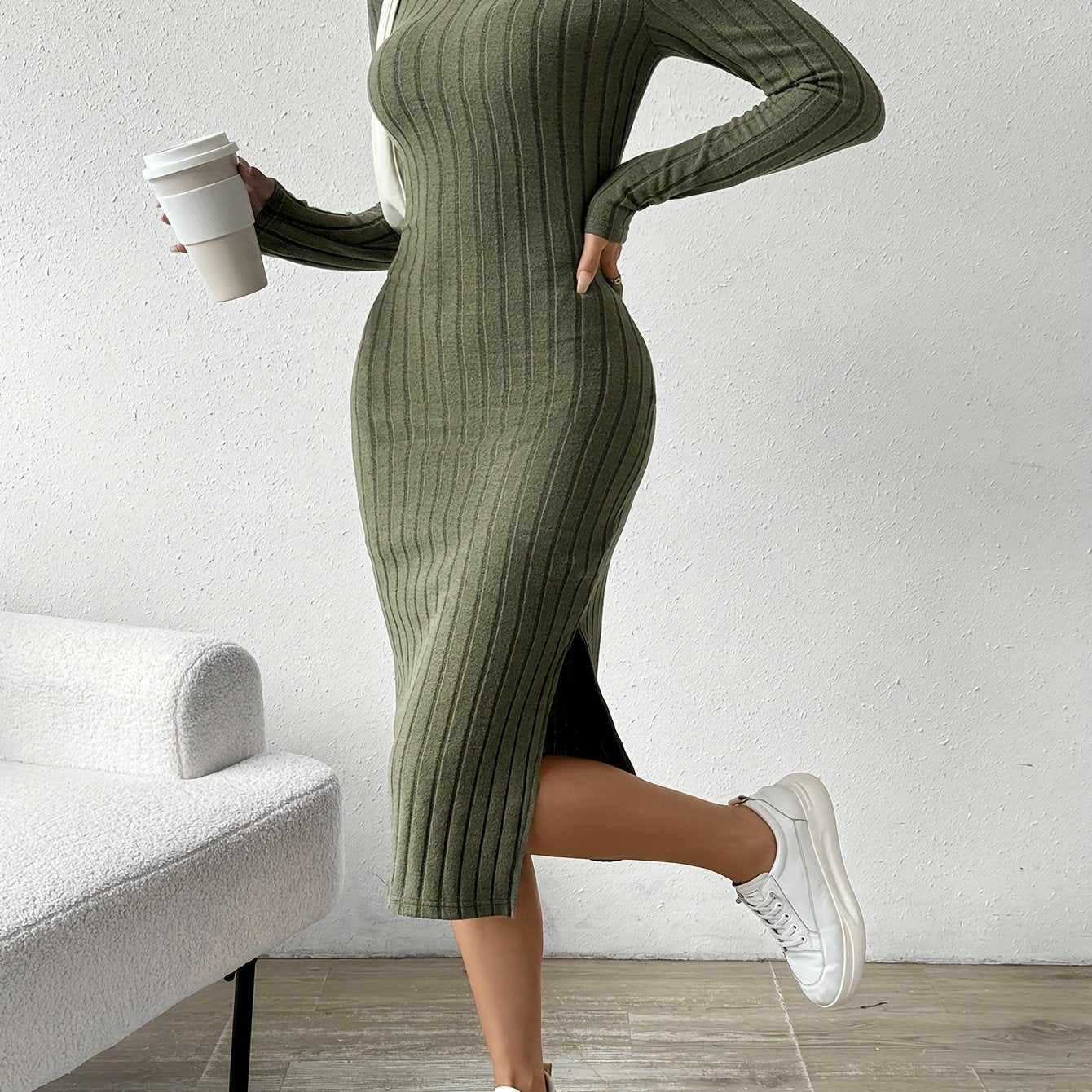Antmvs Ribbed Solid Split Dress, Casual Crew Neck Long Sleeve Dress, Women's Clothing