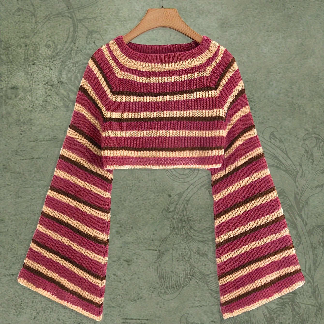 Antmvs Y2K Striped Crew Neck Knit Sweater, Bell Sleeve Crop Sweater For Spring & Fall, Women's Clothing