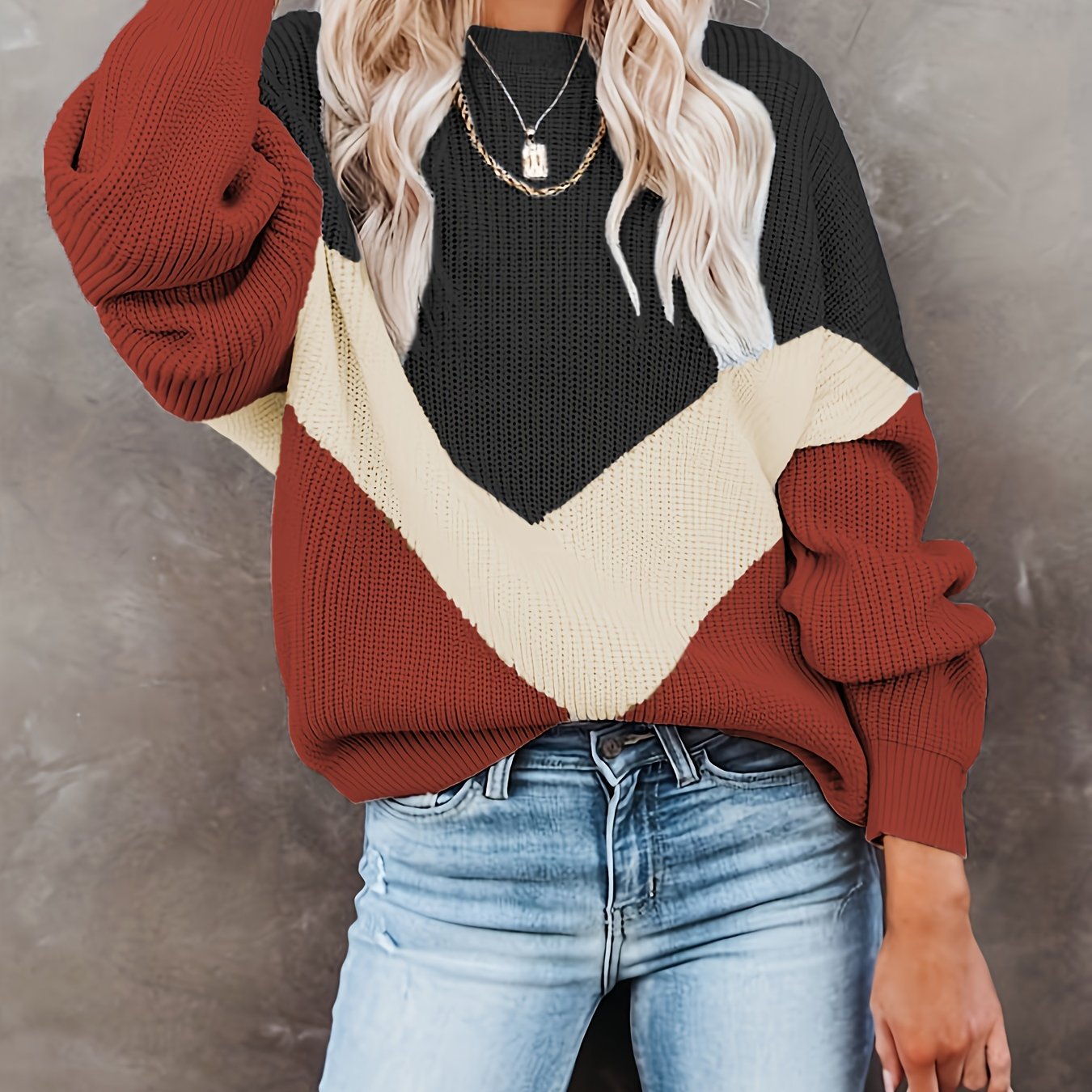 Antmvs Color Block Crew Neck Pullover Sweater, Casual Long Sleeve Sweater For Fall & Winter, Women's Clothing