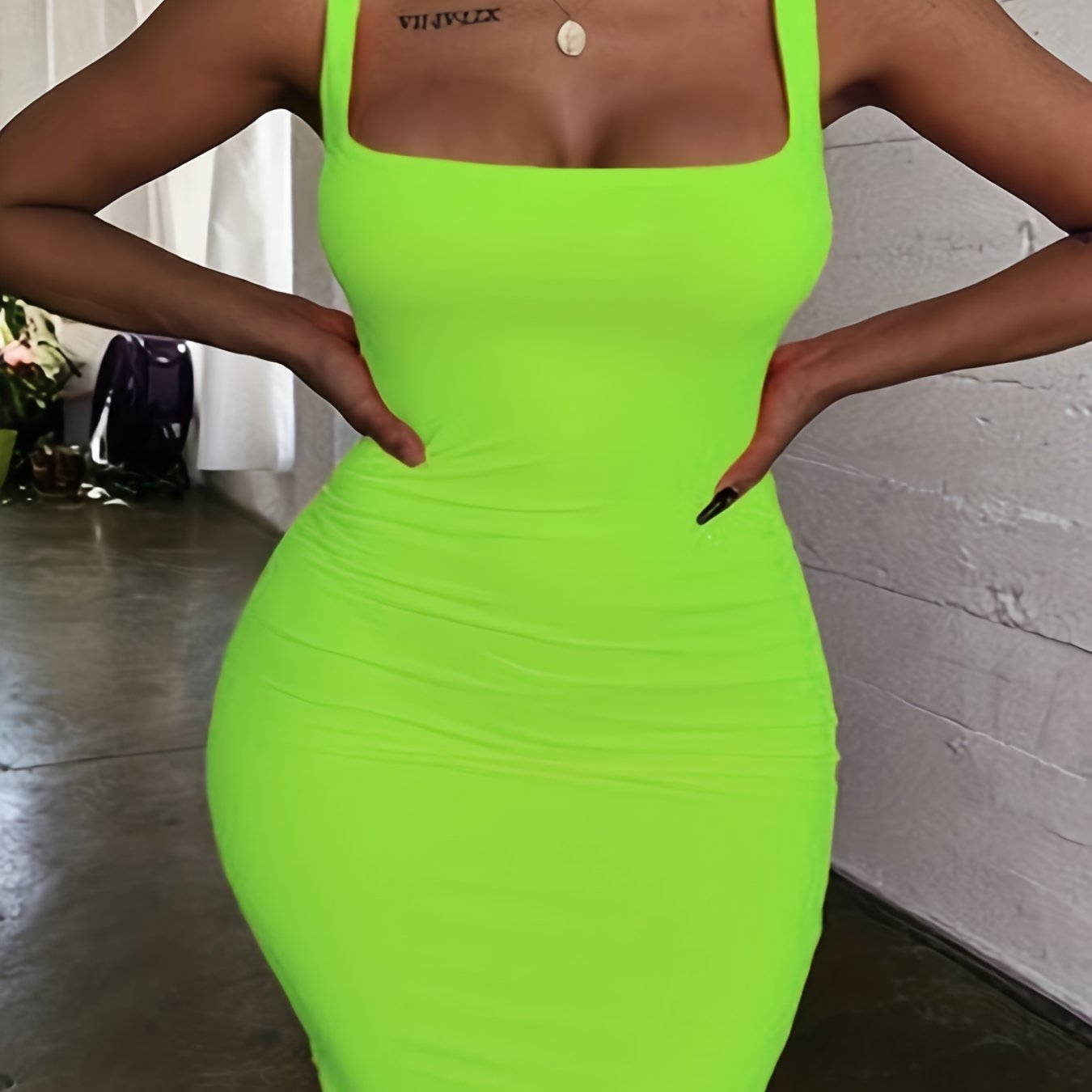 Antmvs Plus Size Sexy Dress, Women's Plus Plain Square Neck Medium Stretch Bodycon Tank Dress