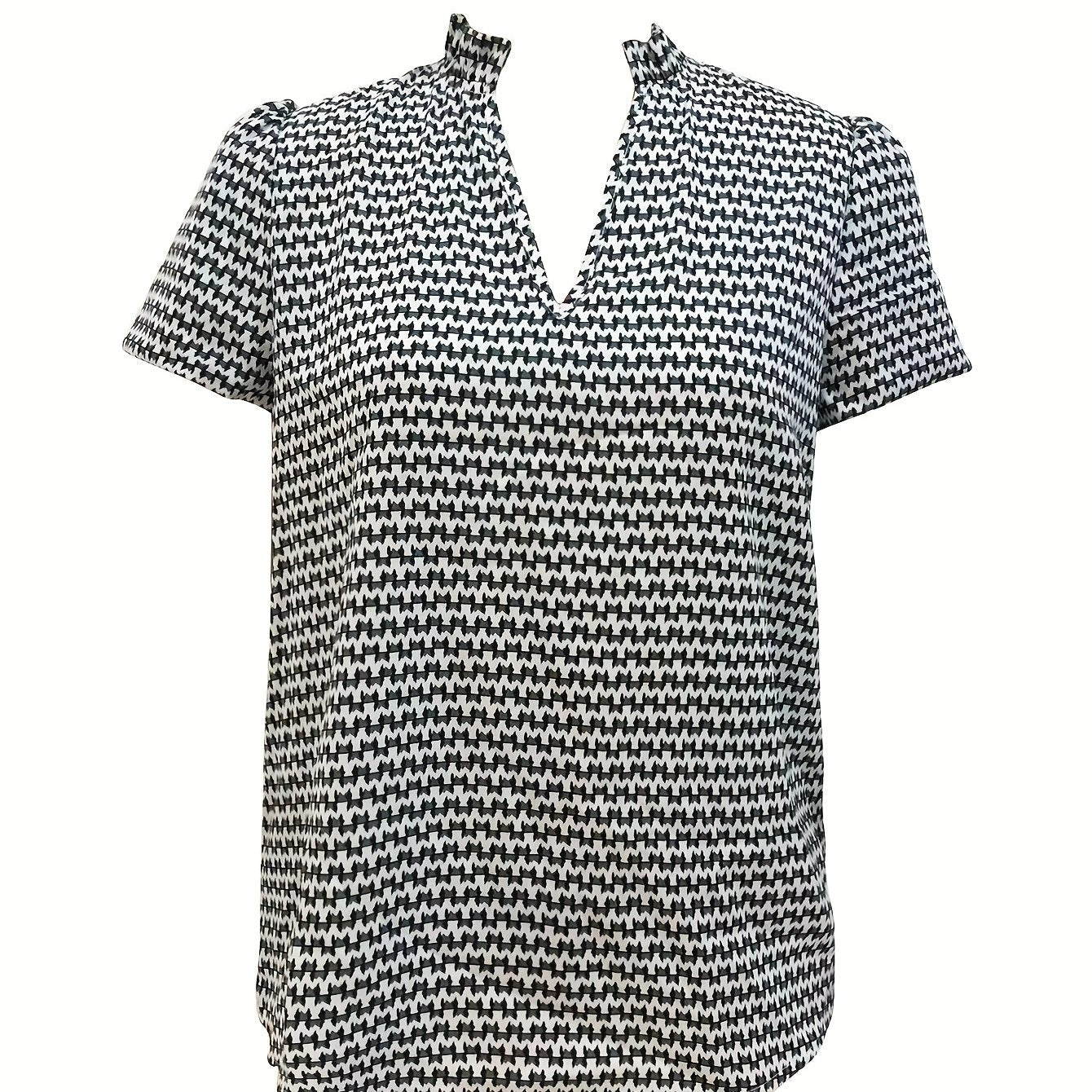 Antmvs Allover Print Notched Neck Blouse, Casual Short Sleeve Blouse For Spring & Summer, Women's Clothing