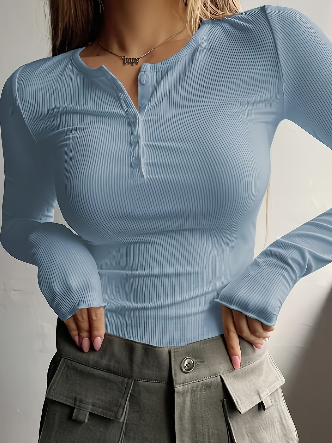 Antmvs Ribbed Button Front T-Shirt, Casual Long Sleeve Top For Spring & Fall, Women's Clothing