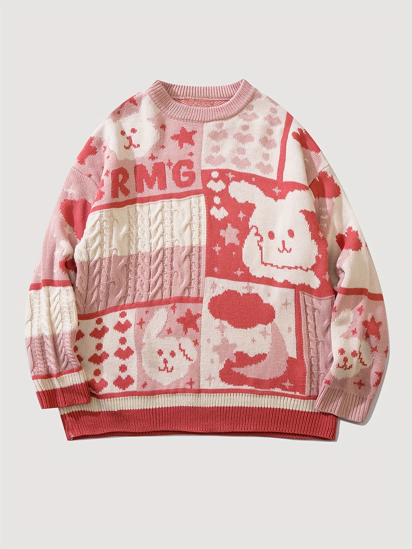 Antmvs Cartoon Rabbit Pattern Knitted Sweater, Men's Casual Warm Slightly Stretch Round Neck Pullover Sweater For Fall Winter
