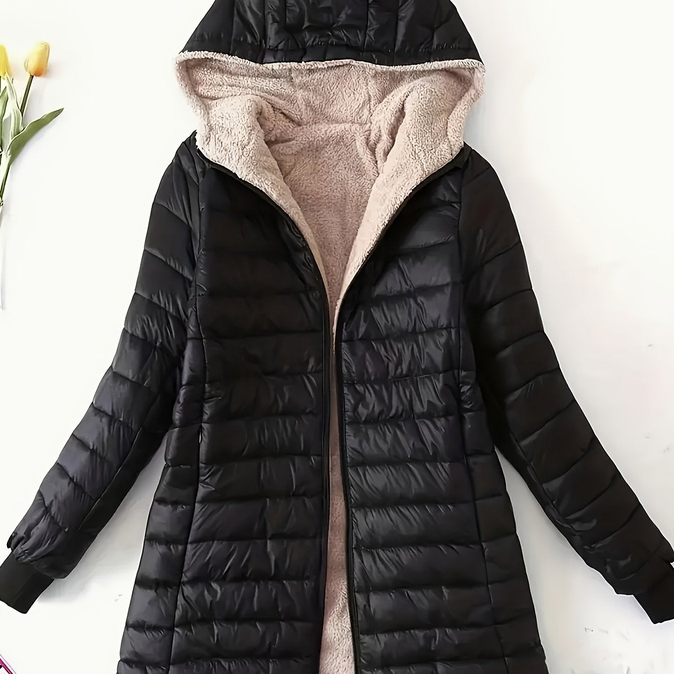 Antmvs Mid-length Hooded Slim Fit Fleece Padded Jacket, Warm Solid Color Causal Winter Coat, Women's Activewear