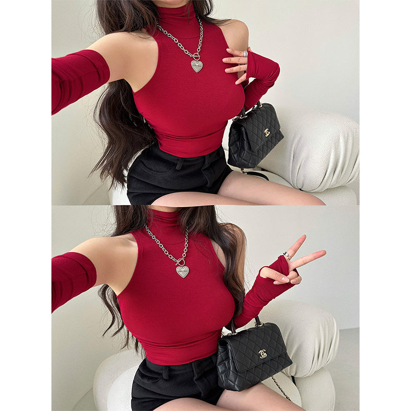 Antmvs Hyolin Solid Color Sleeveless Turtleneck Gloved Slim Ruched Top