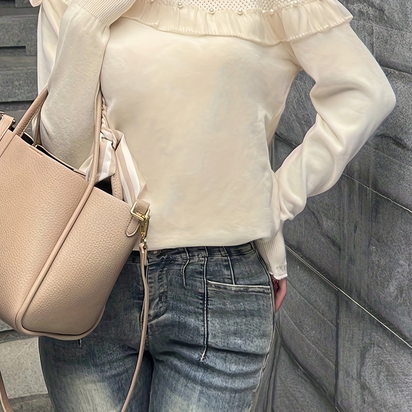 Antmvs Beaded Lace Trim Turtle Neck Knitted Top, Elegant Long Sleeve Slim Sweater For Spring & Fall, Women's Clothing