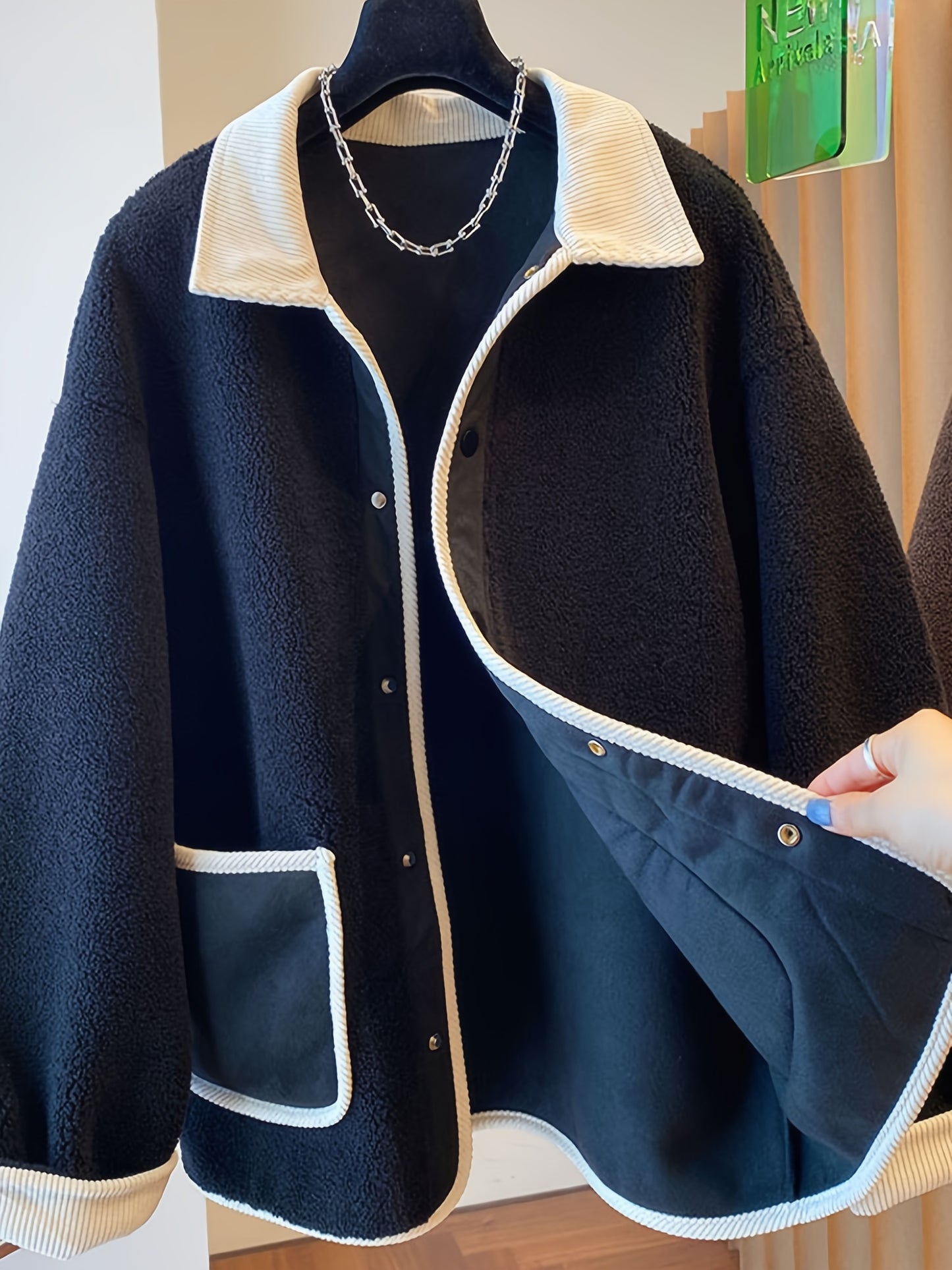 Antmvs Contrast Trim Patched Pockets Outwear, Versatile Long Sleeve Button Front Coat For Fall & Winter, Women's Clothing