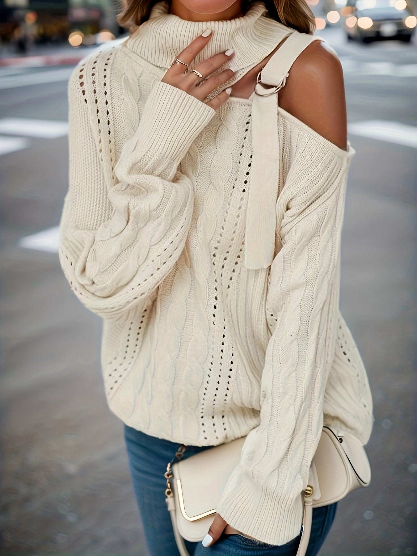 Antmvs Solid Turtle Neck Cold Shoulder Sweater, Casual Long Sleeve Sweater For Fall & Winter, Women's Clothing