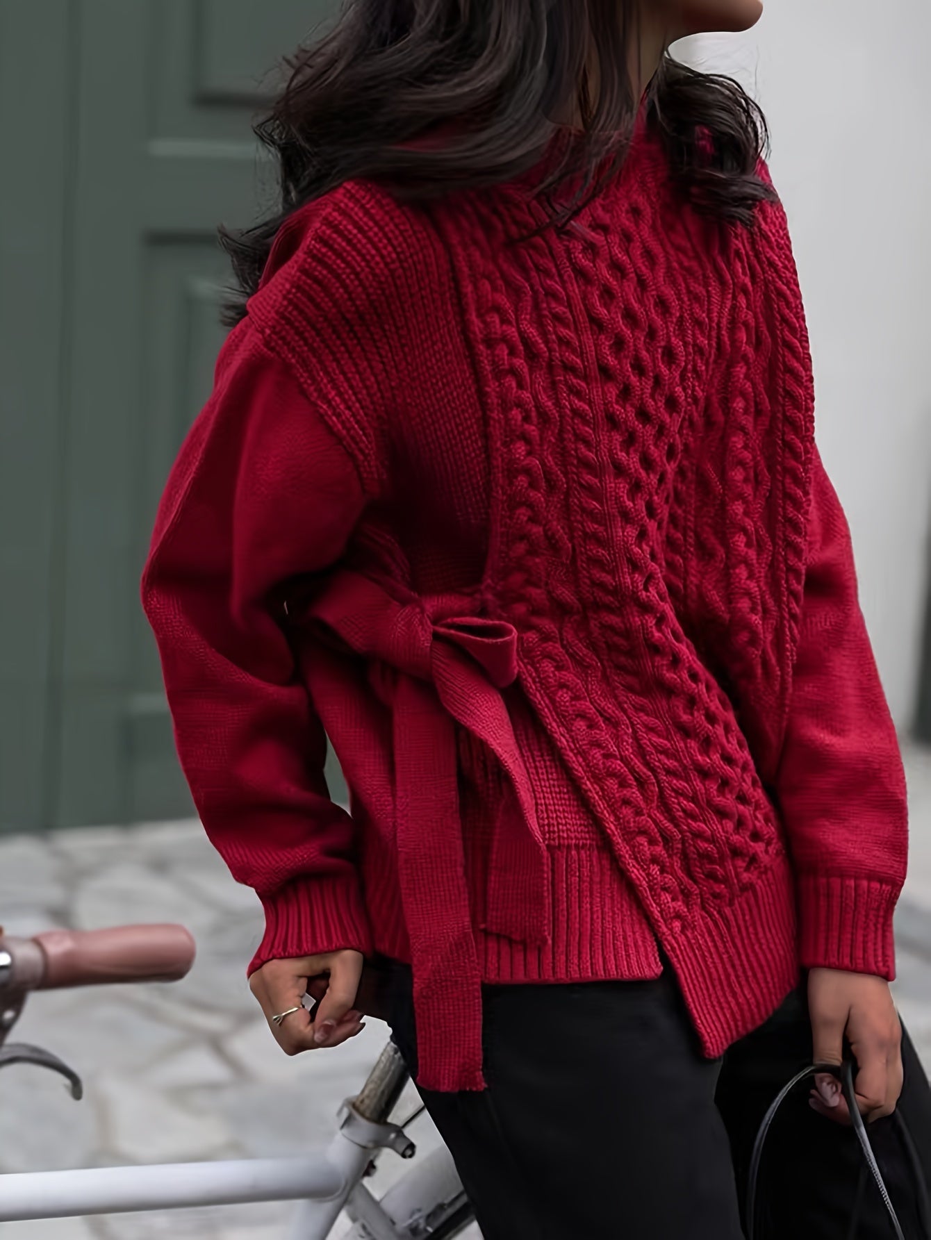 Antmvs Solid Lace Up Cable Knit Sweater, Casual Mock Neck Long Sleeve Loose Pullover Sweater, Women's Clothing