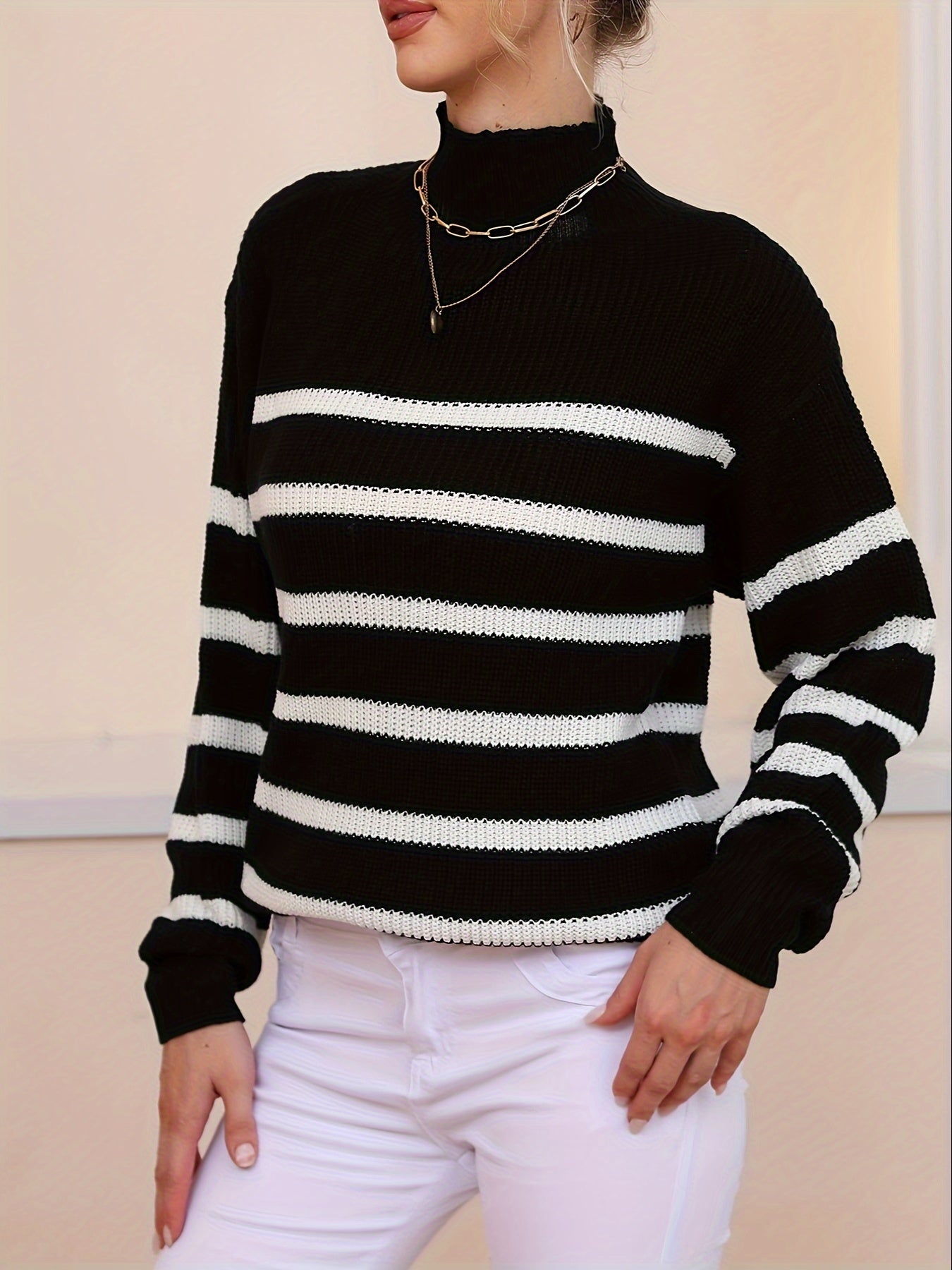 Antmvs Striped Turtle Neck Pullover Sweater, Casual Long Sleeve Sweater, Women's Clothing