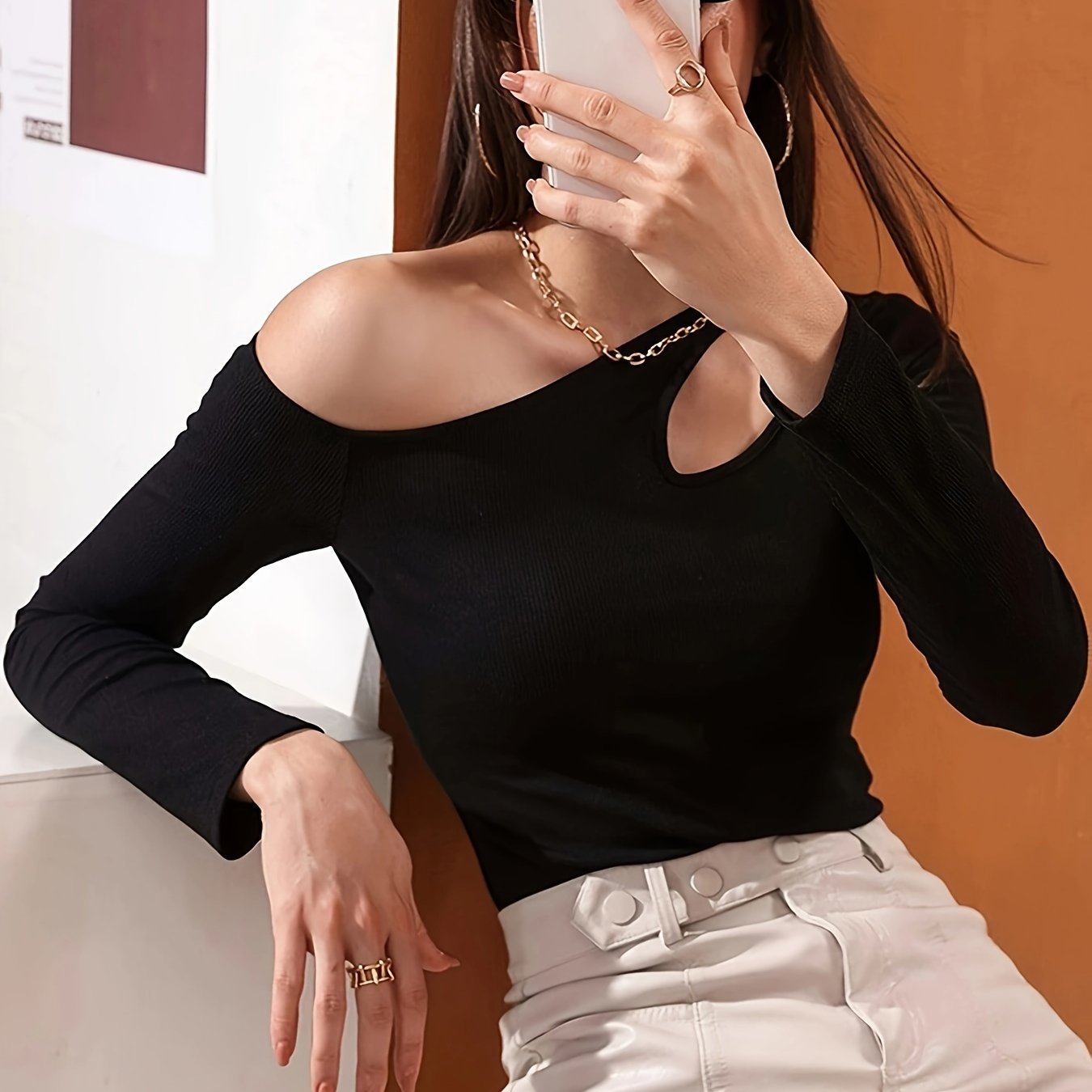 Antmvs Cutout Solid Cold Shoulder T-Shirt, Casual Long Sleeve Top For Spring & Fall, Women's Clothing