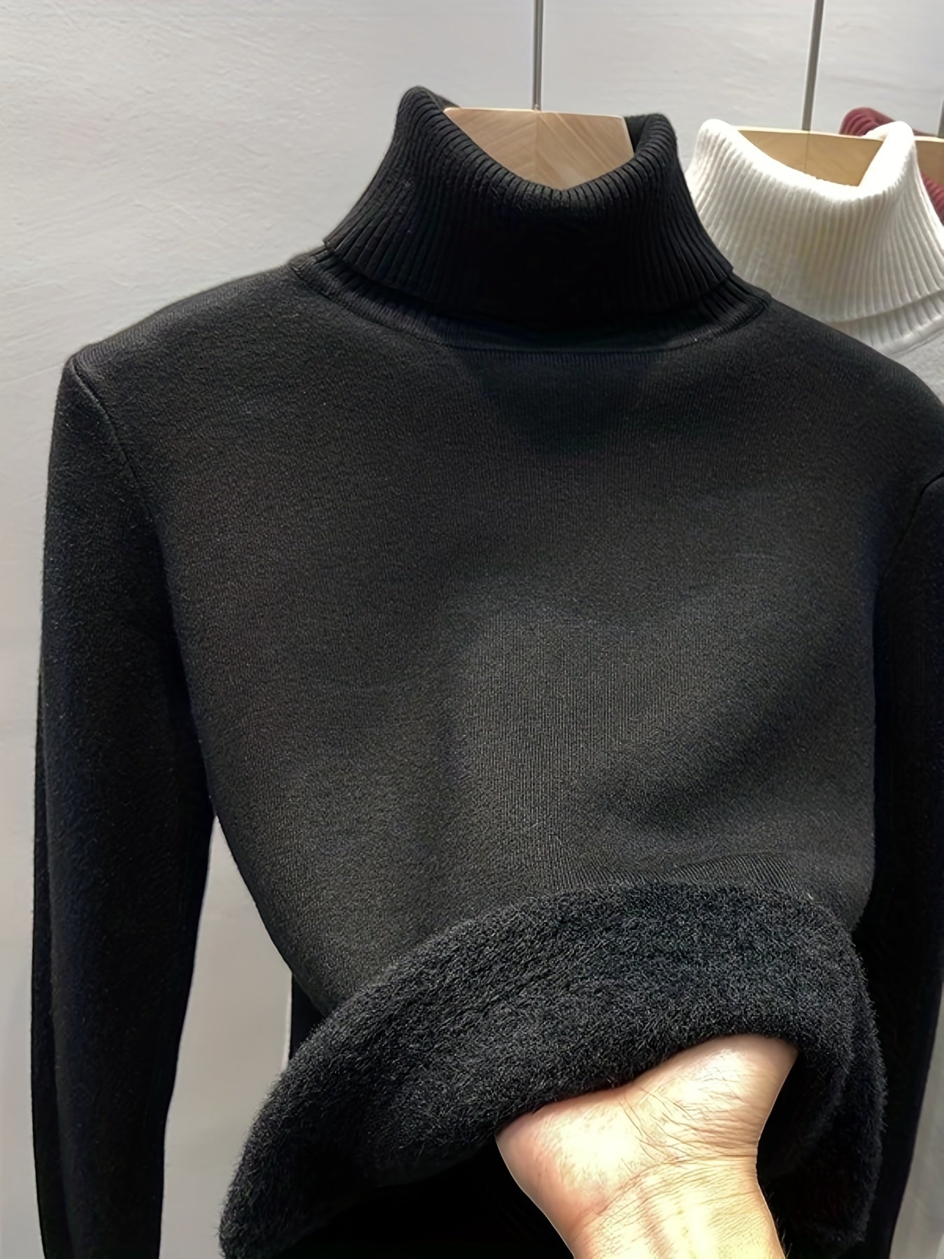 Antmvs Solid Turtle Neck Fleece Pullover Sweater, Elegant Long Sleeve Slim Thermal Sweater, Women's Clothing