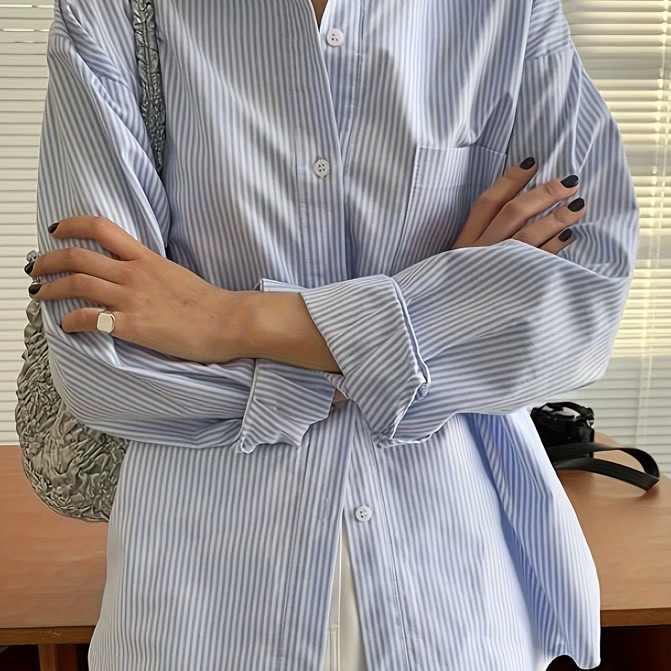 Antmvs Striped Print Patched Pocket Shirt, Vintage Long Sleeve Drop Shoulder Shirt, Women's Clothing