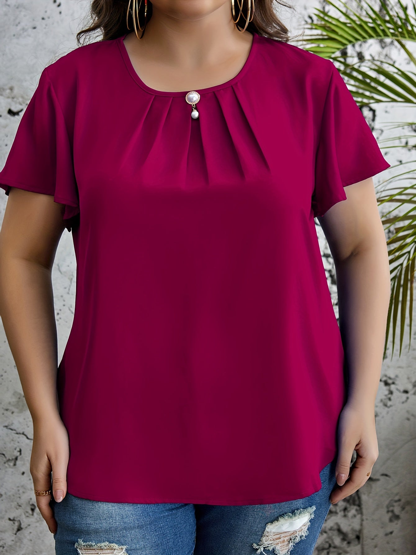 Plus Size Chic Ruched Blouse - Flattering Solid Colors, Crew Neck, Short Sleeves - Perfect Casual Style for Spring & Summer - Curvy Womens Fashion Clothing