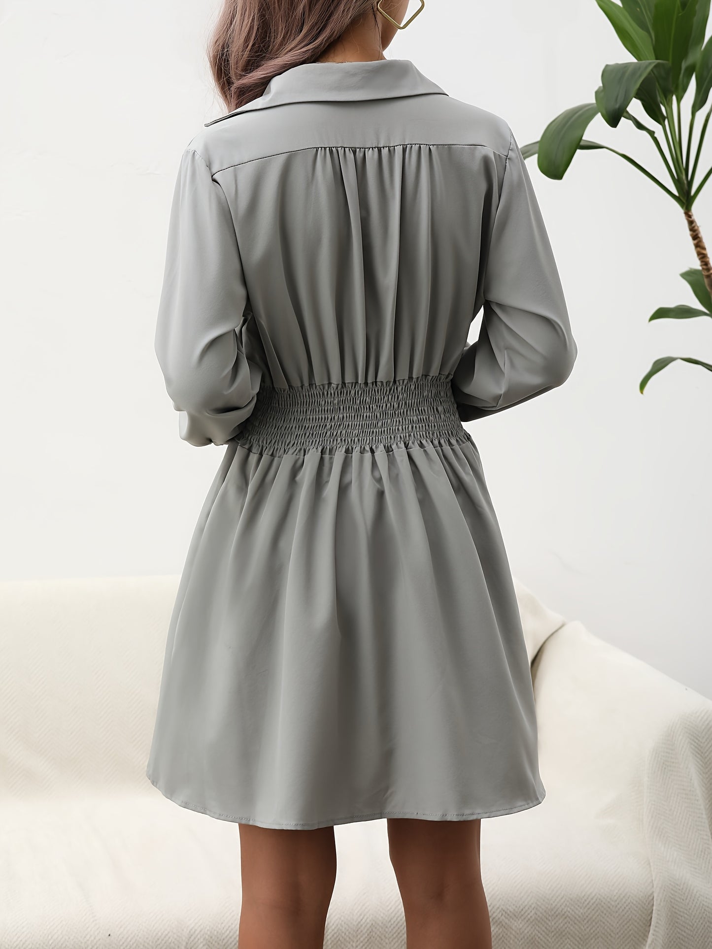 Antmvs Solid V Neck Shirred Waist Dress, Casual Long Sleeve Lapel Dress, Women's Clothing