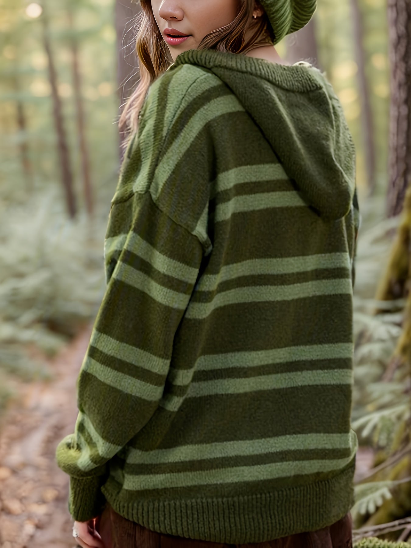 Antmvs Striped Drop Shoulder Knitted Hoodie, Casual Crew Neck Long Sleeve Pullover Hoodie, Women's Clothing