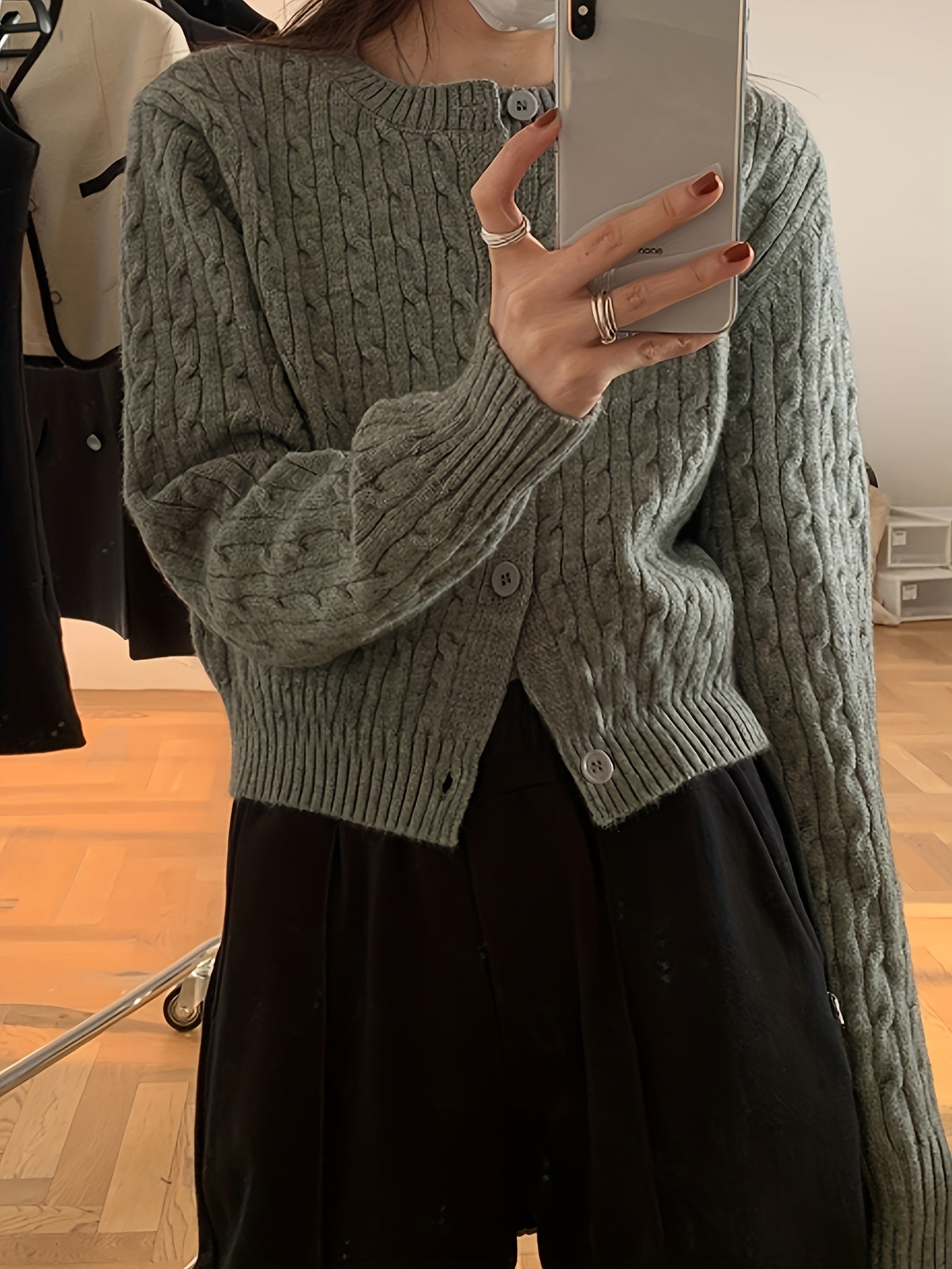 Antmvs Solid Button Up Cable Knit Cardigan, Elegant Crew Neck Long Sleeve Sweater For Spring & Fall, Women's Clothing