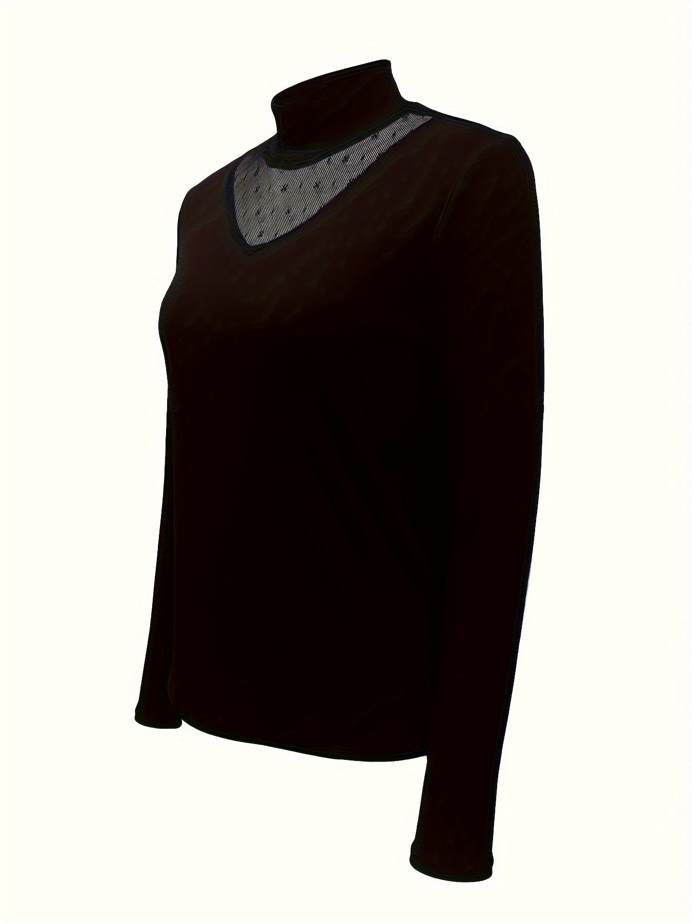 Antmvs Contrast Mesh Mock Neck Knitted Top, Elegant Long Sleeve Slim Sweater, Women's Clothing