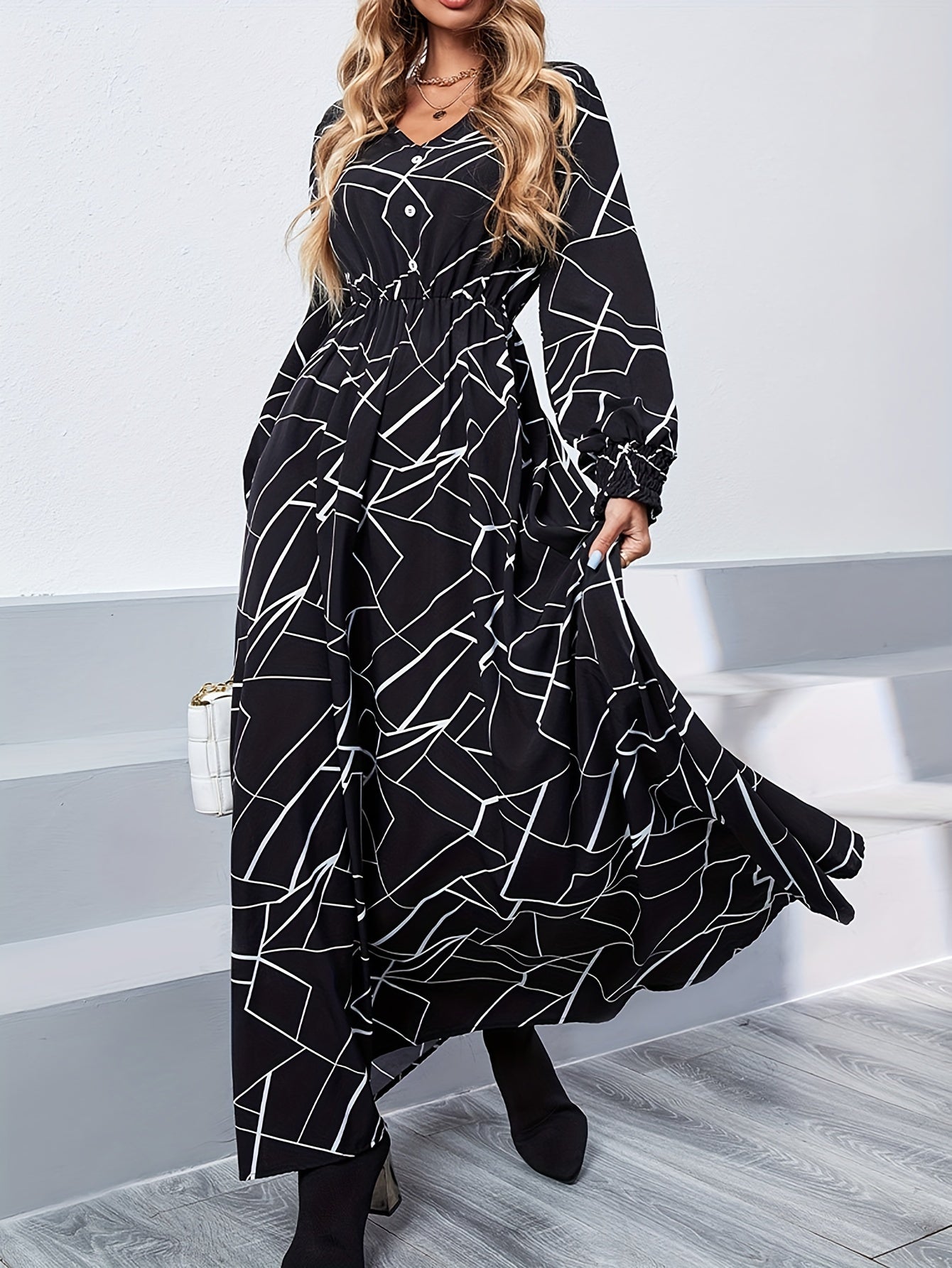 Antmvs Abstract Print Shirred V-neck Dress, Elegant Button Long Sleeve High-waist Dress For Every Day, Women's Clothing