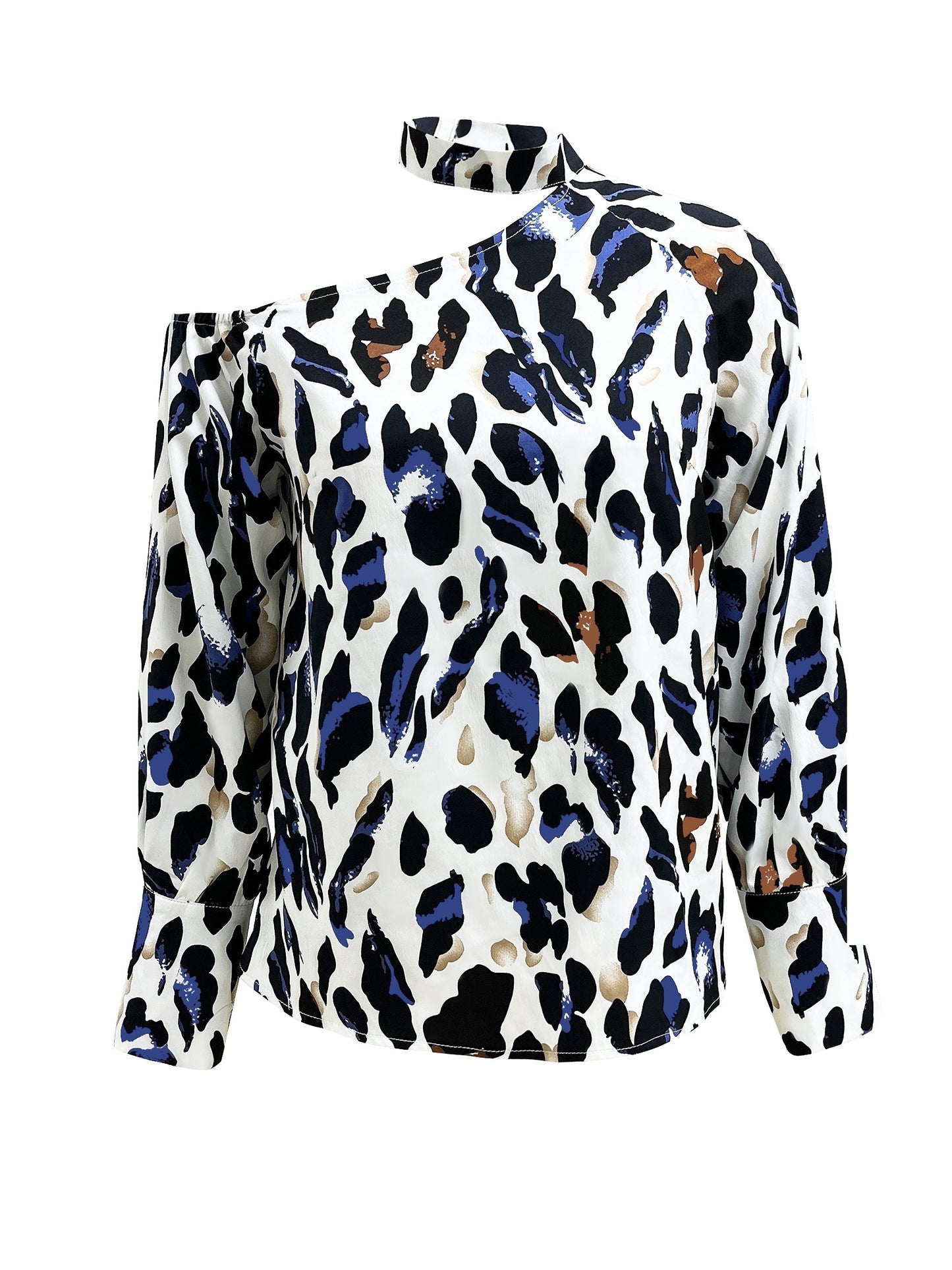Antmvs Leopard Print Halter Neck Blouse, Casual Cold Shoulder Long Sleeve Blouse For Spring & Fall, Women's Clothing