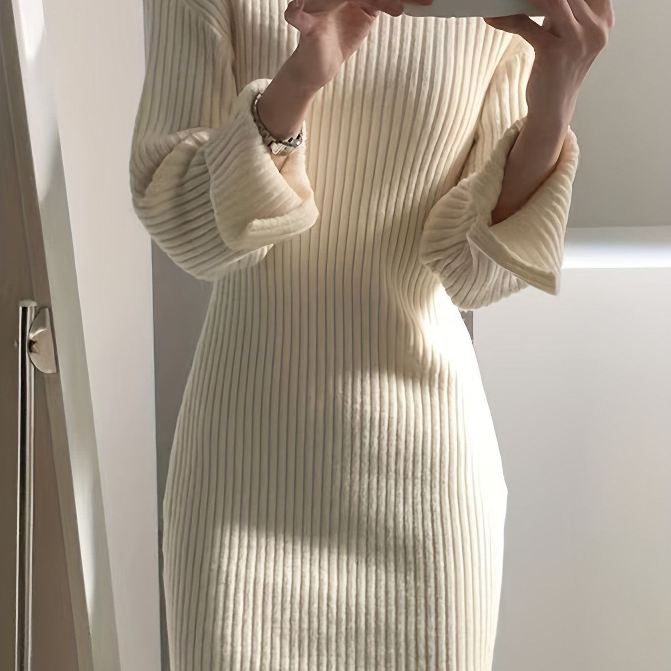 Antmvs Solid Boat Neck Sweater Dress, Elegant Long Sleeve Bodycon Knitted Dress, Women's Clothing