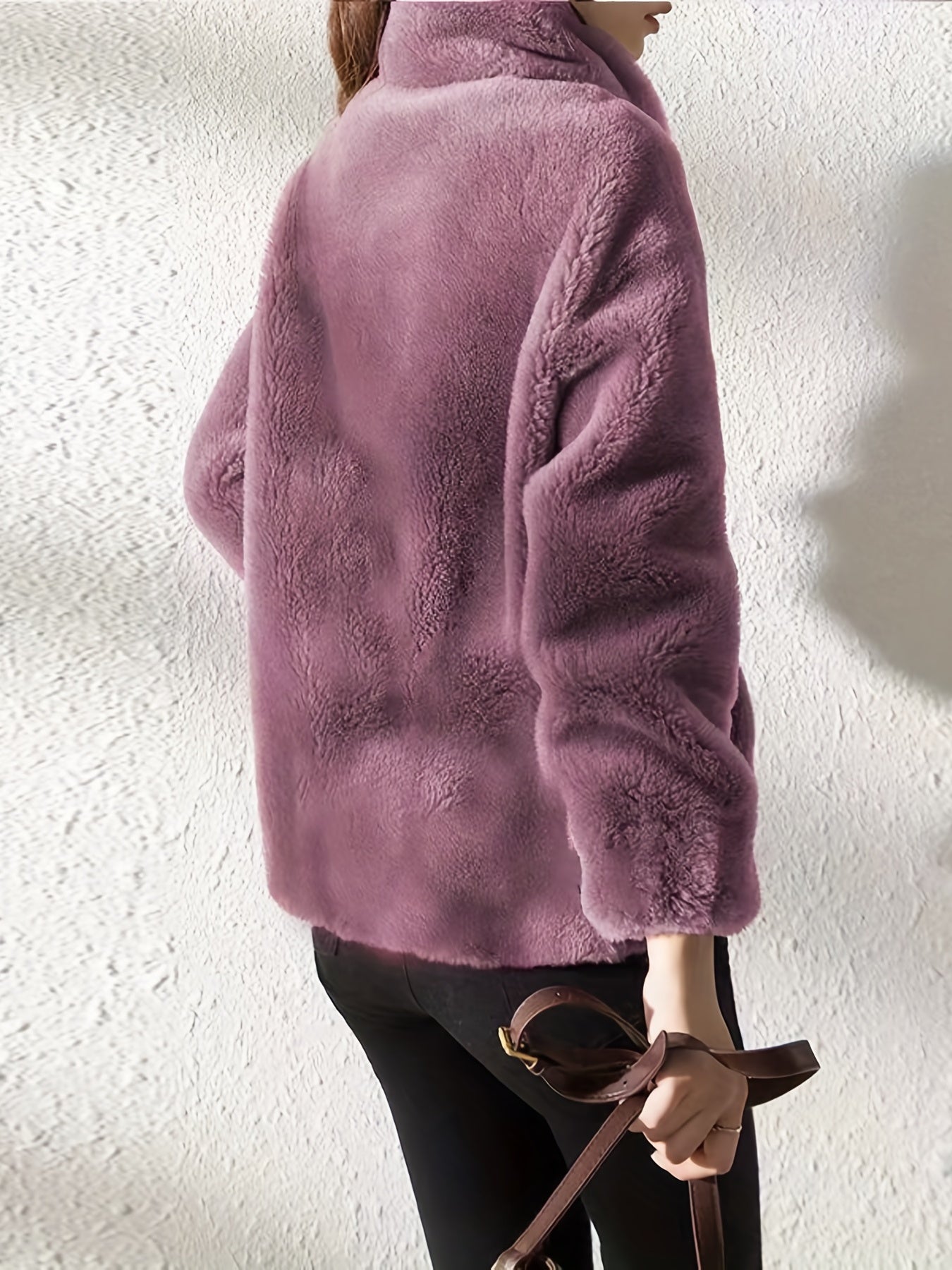 Antmvs Drawstring Teddy Coat, Casual Zip Up Long Sleeve Warm Outerwear, Women's Clothing