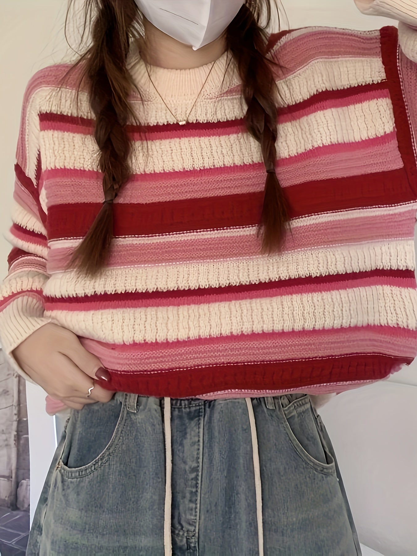 Antmvs Striped Crew Neck Pullover Sweater, Casual Long Sleeve Loose Warm Winter Sweater, Women's Clothing