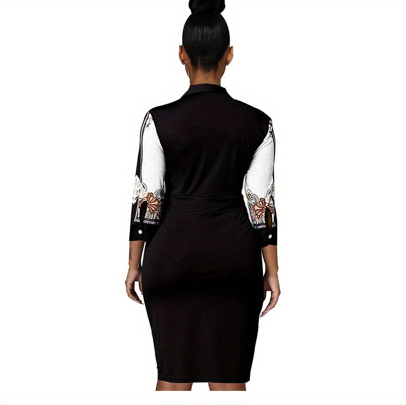 Antmvs Color Block Mandala Print Lapel Dress, Elegant Button Front Three-quarter Sleeve Dress, Women's Clothing