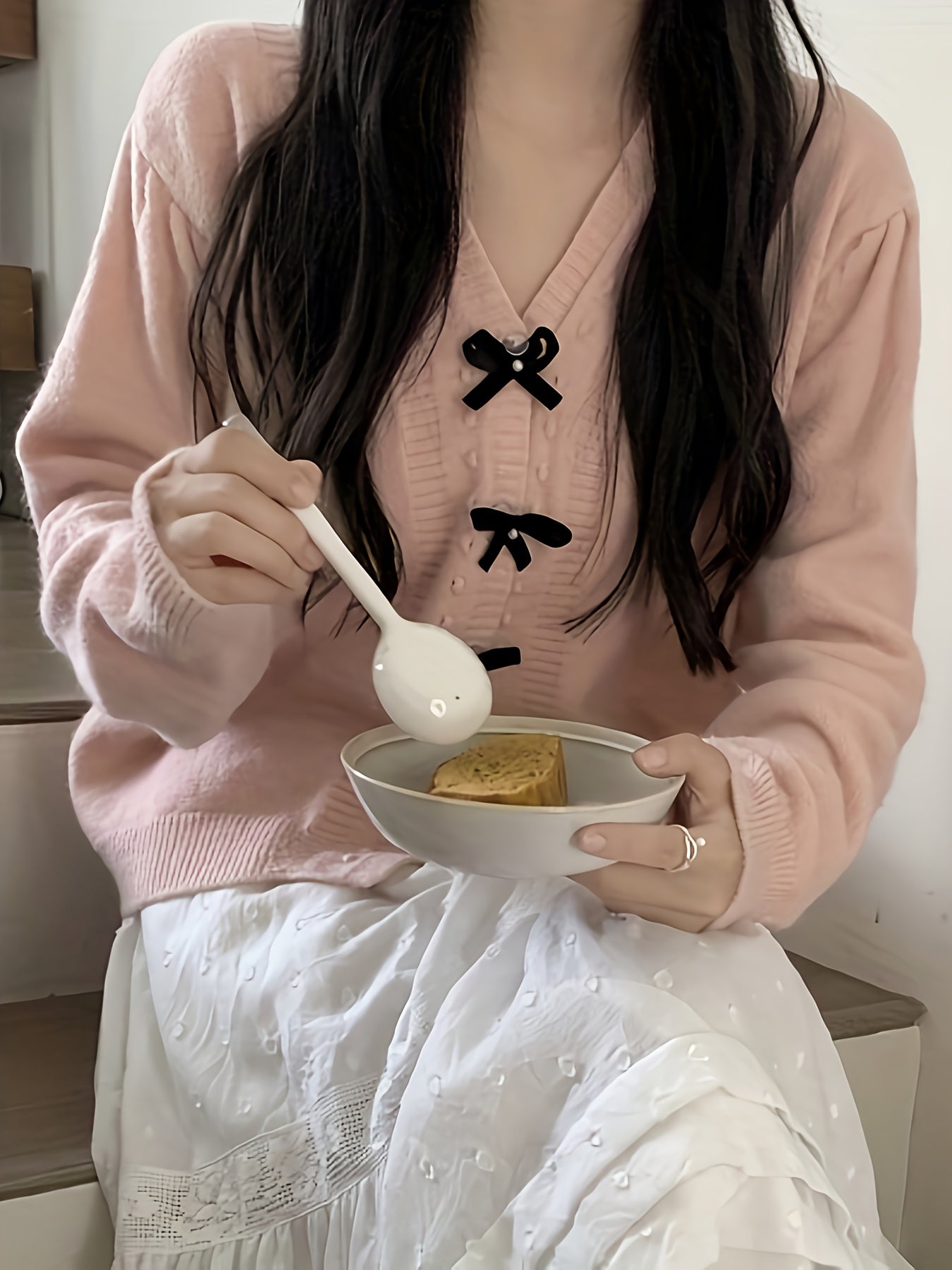 Antmvs Bow Button Front Knit Cardigan, Casual Long Sleeve Sweet Sweater For Fall & Winter, Women's Clothing