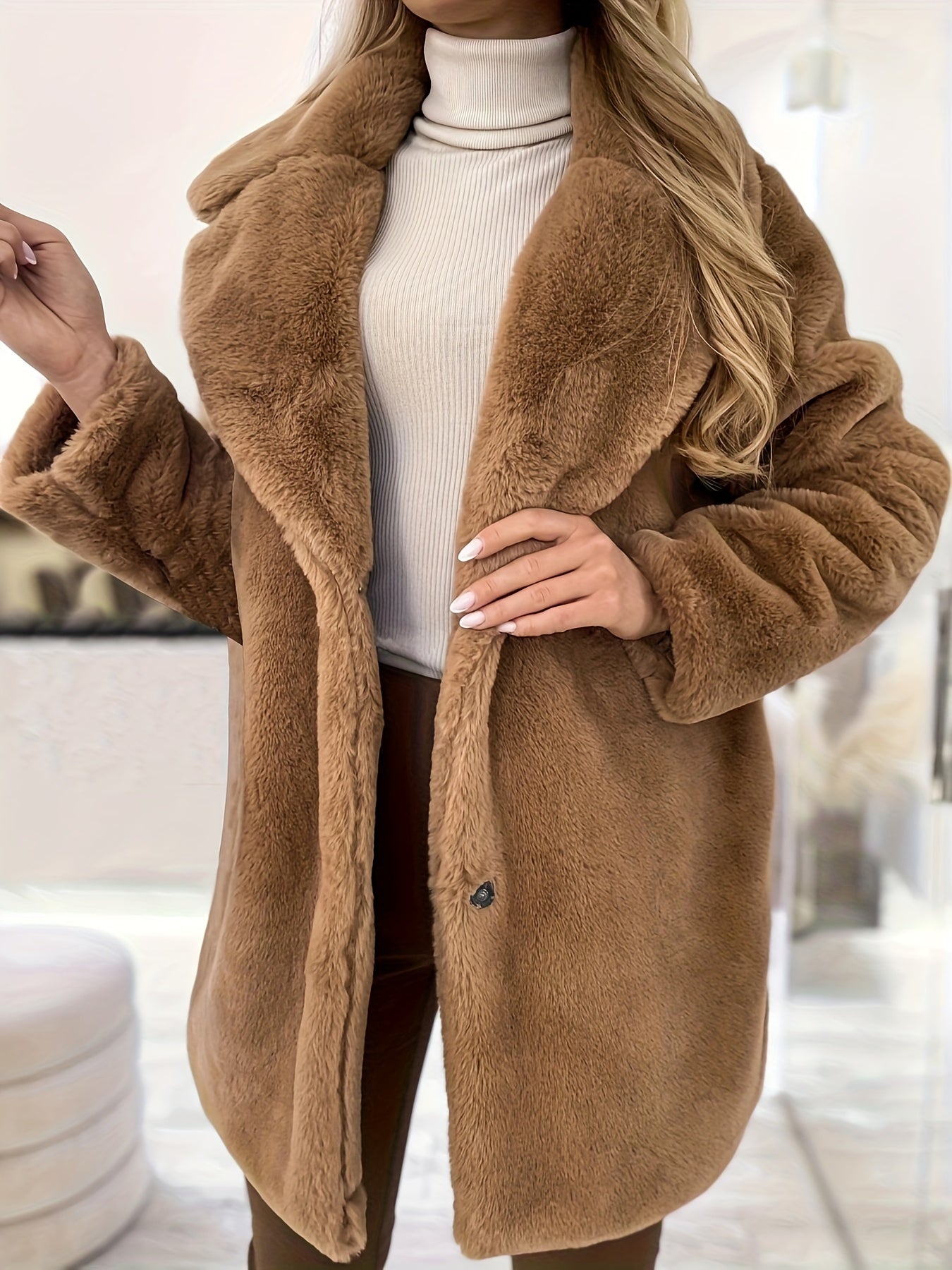 Antmvs Waterfall Collar Warm Coat, Casual Open Front Long Sleeve Winter Outerwear, Women's Clothing