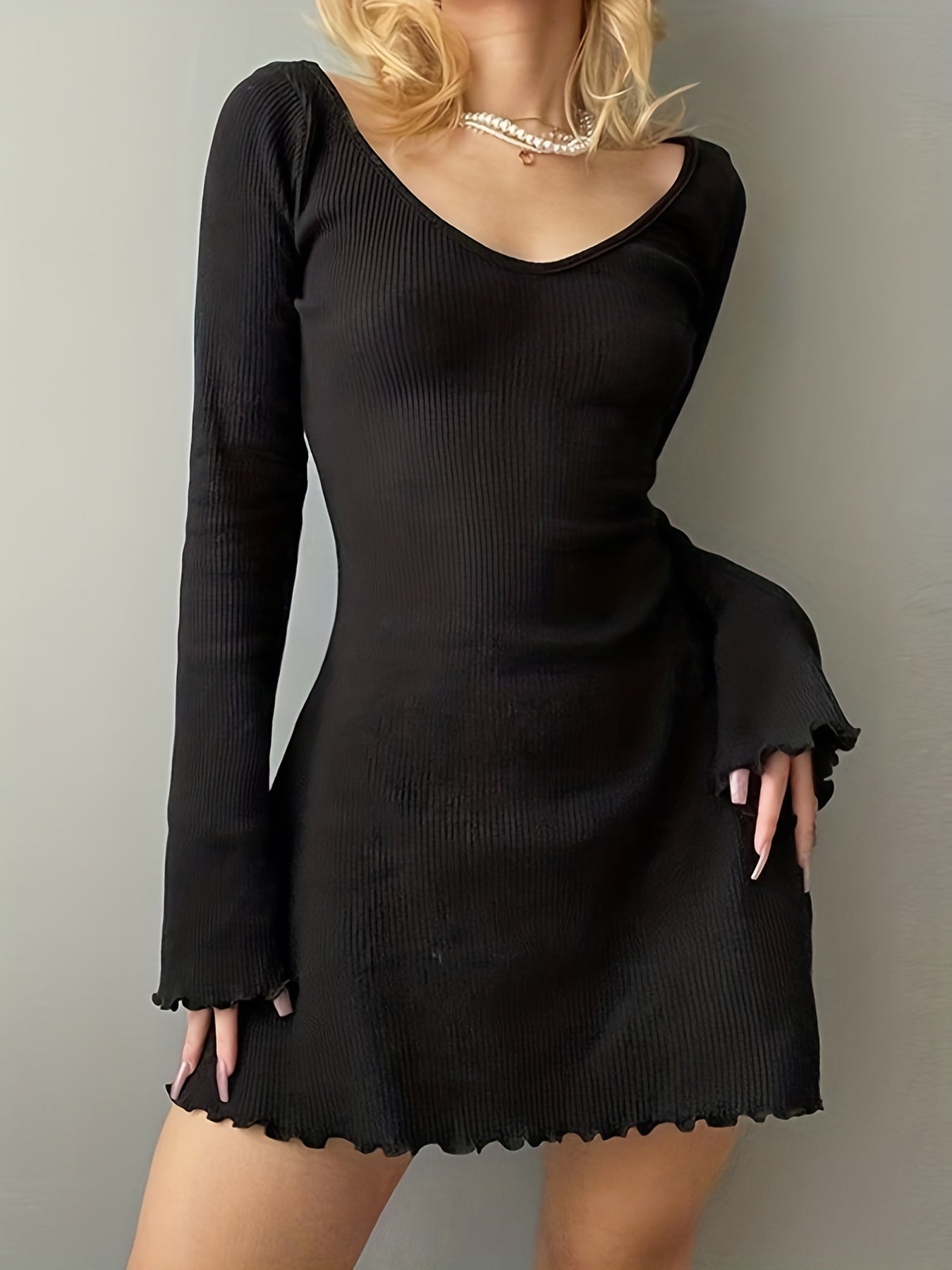 Antmvs Lettuce Trim Solid Dress, Elegant Crew Neck Long Sleeve Dress, Women's Clothing