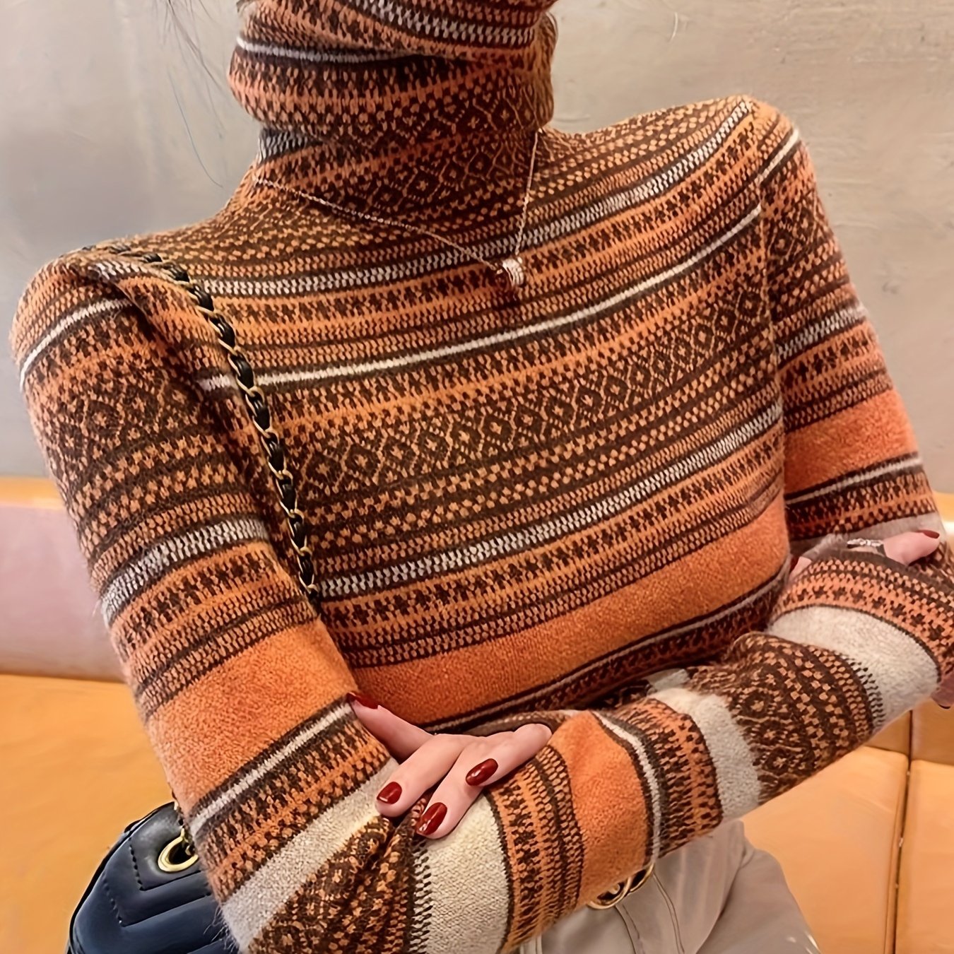 Antmvs Stripes Print Turtle Neck Pullover Sweater, Elegant Long Sleeve Knitted Sweater For Fall & Winter, Women's Clothing