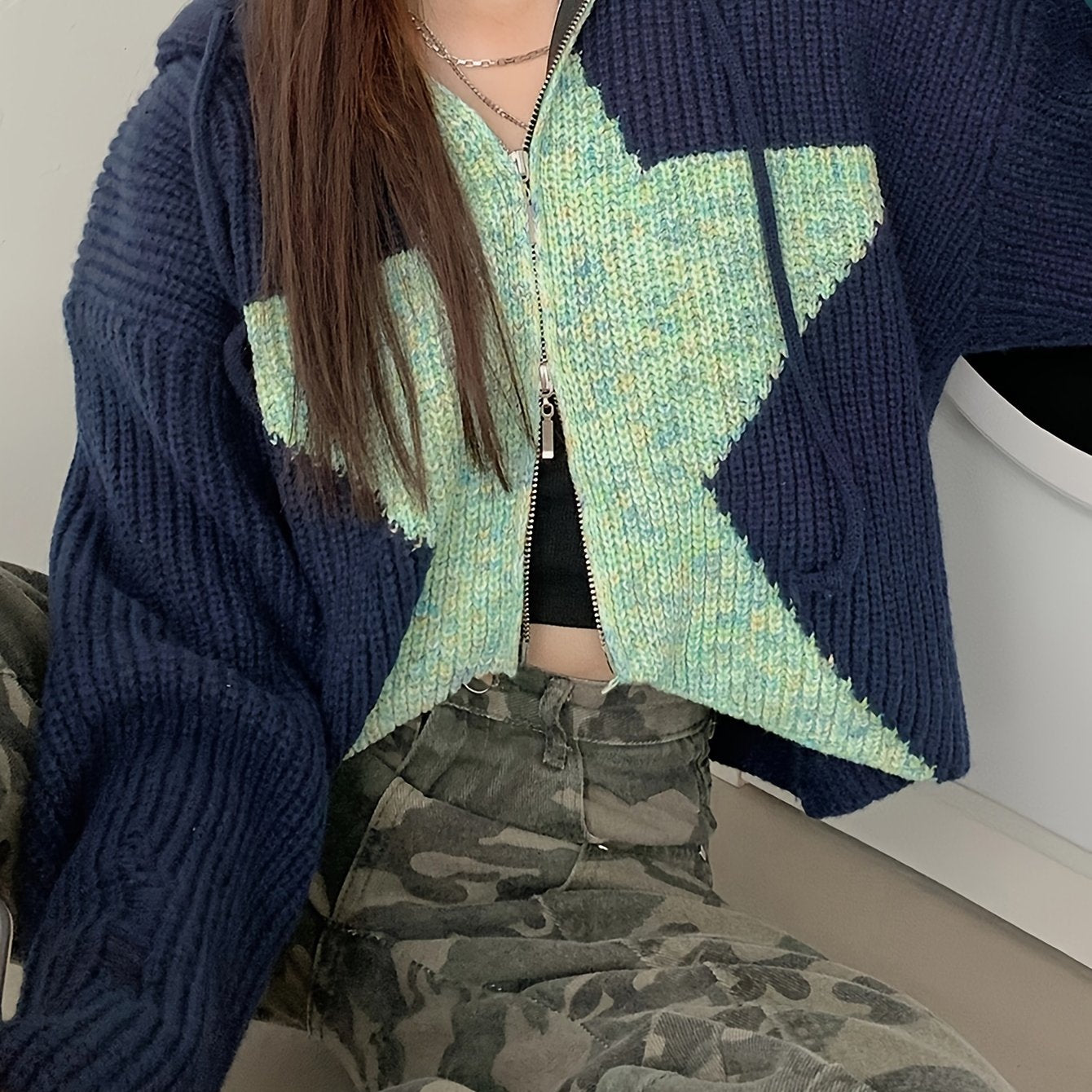 Antmvs Star Pattern Knit Drawstring Hooded Sweater, Casual Zip Up Long Sleeve Loose Sweater, Women's Clothing