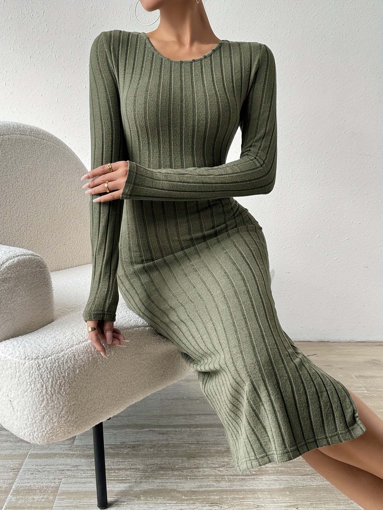 Antmvs Ribbed Solid Split Dress, Casual Crew Neck Long Sleeve Dress, Women's Clothing